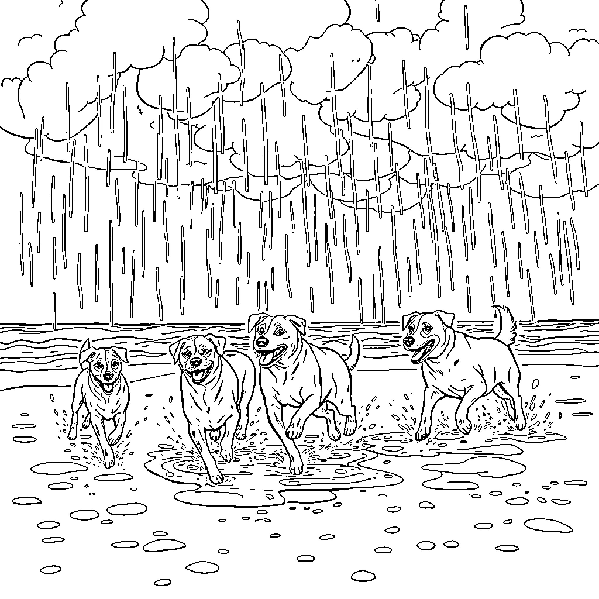 Dogs playing happily in the rain Coloring Page (free black-and-white line drawing printable PDF for all, from beginners to advanced learners, including children, teens, adults, and seniors)