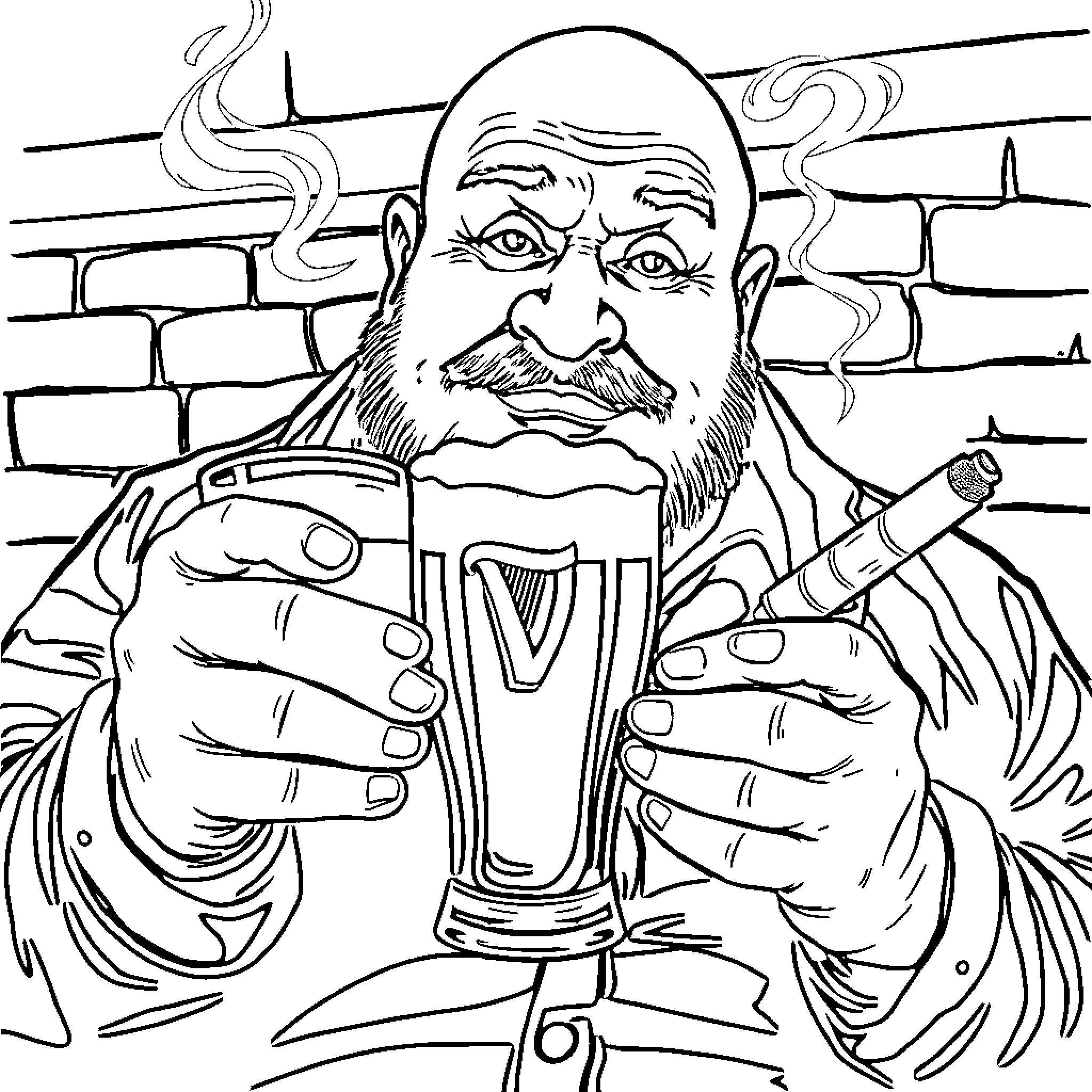 Man enjoying a drink in a bar setting Coloring Page (free black-and-white line drawing printable PDF for all, from beginners to advanced learners, including children, teens, adults, and seniors)