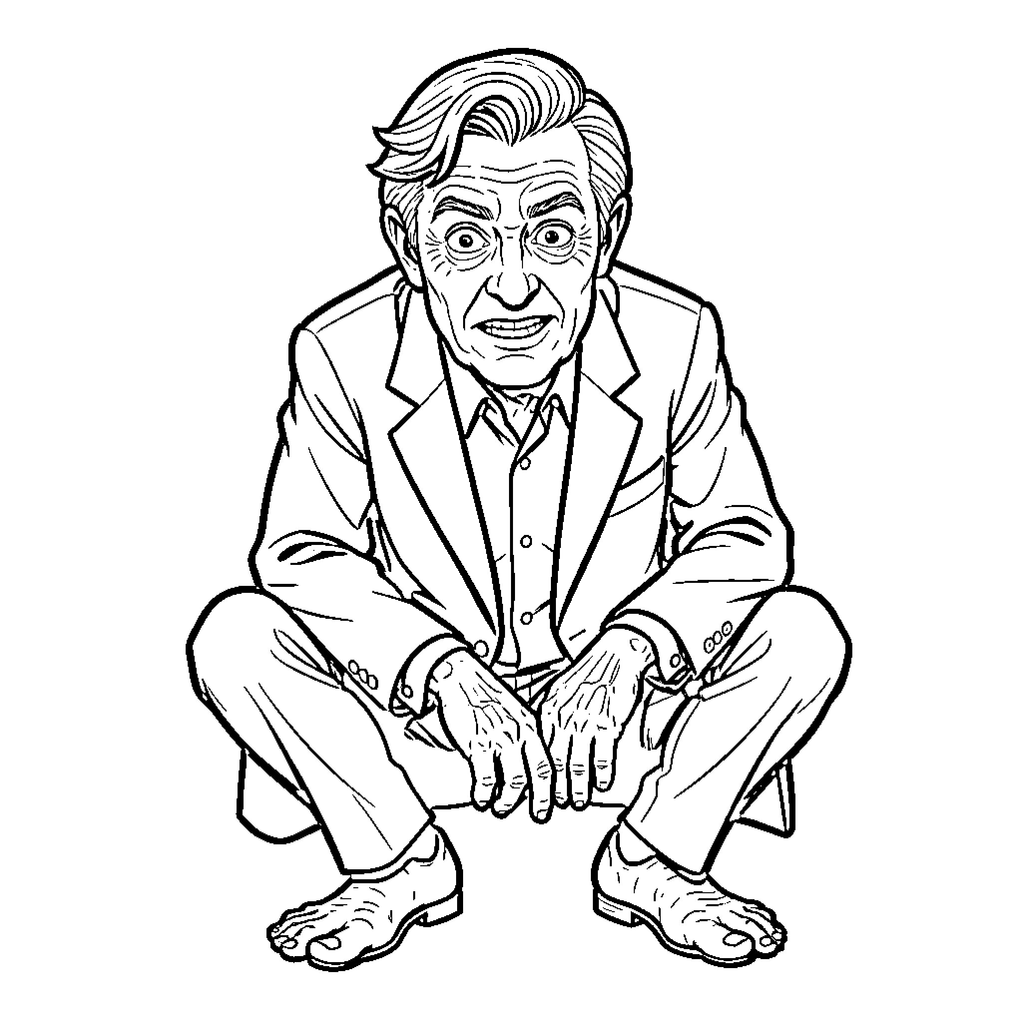 Gollum crouching with an intense and wide-eyed expression Coloring Page (free black-and-white line drawing printable PDF for all, from beginners to advanced learners, including children, teens, adults, and seniors)