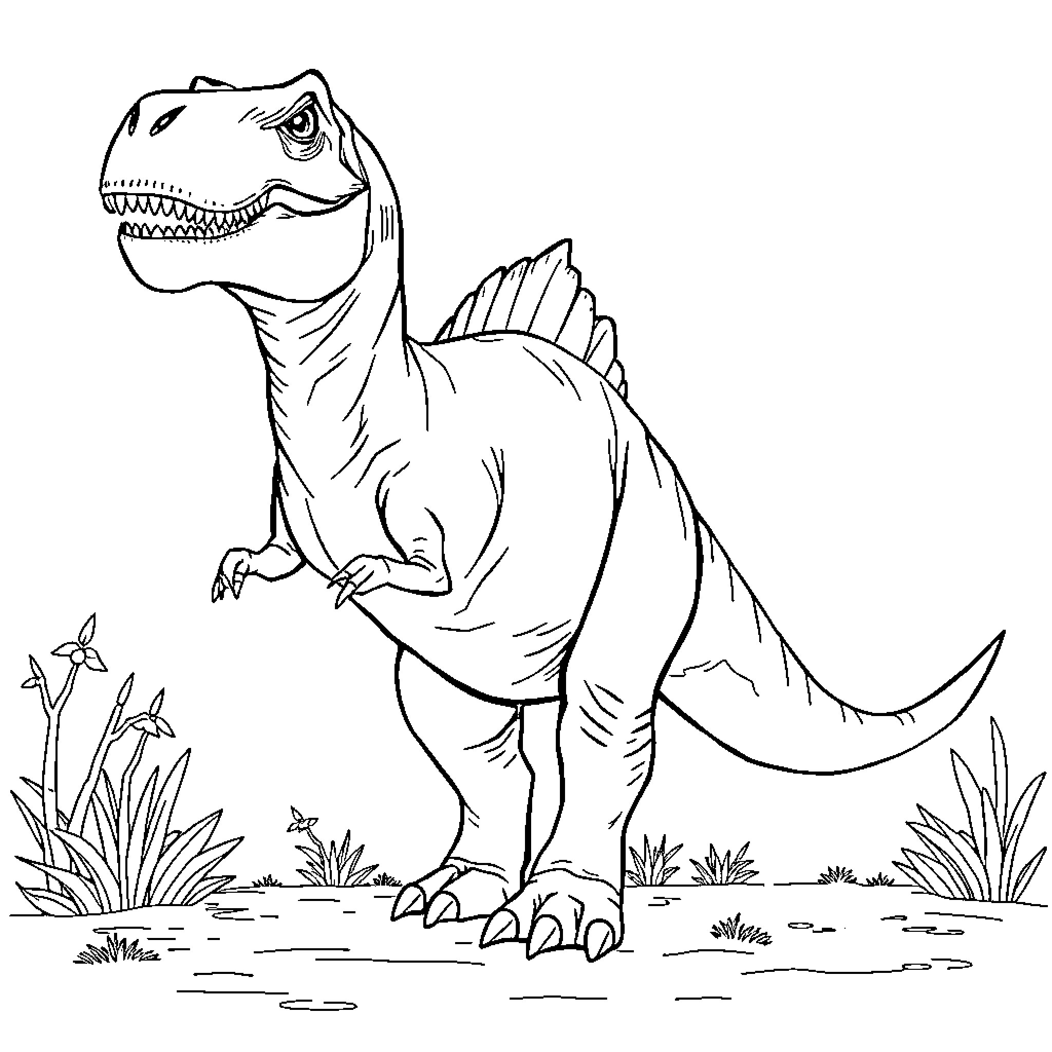 Dinosaur in prehistoric landscape Coloring Page (free black-and-white line drawing printable PDF for all, from beginners to advanced learners, including children, teens, adults, and seniors)
