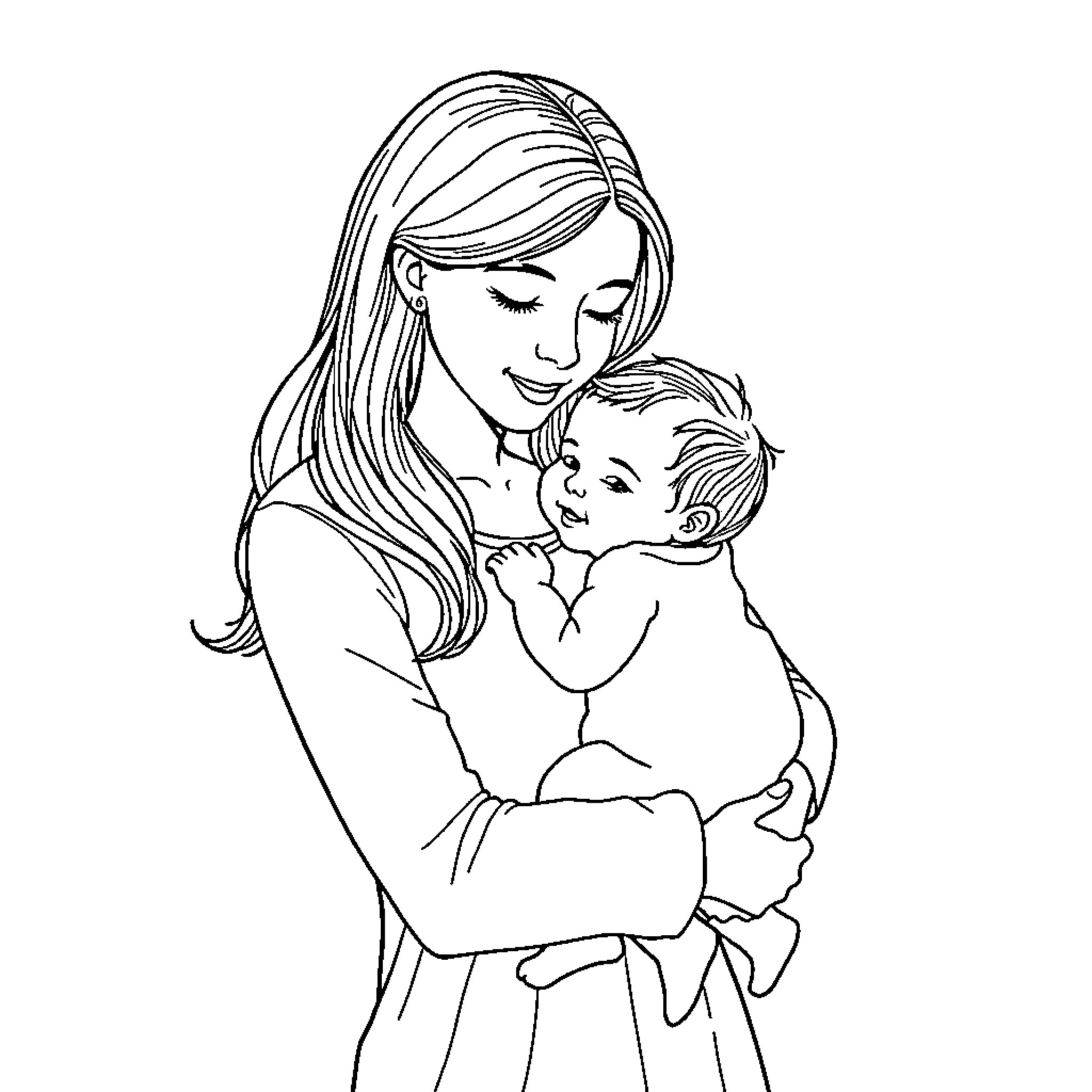 Mother tenderly holding and comforting her baby Coloring Page (free black-and-white line drawing printable PDF for all, from beginners to advanced learners, including children, teens, adults, and seniors)