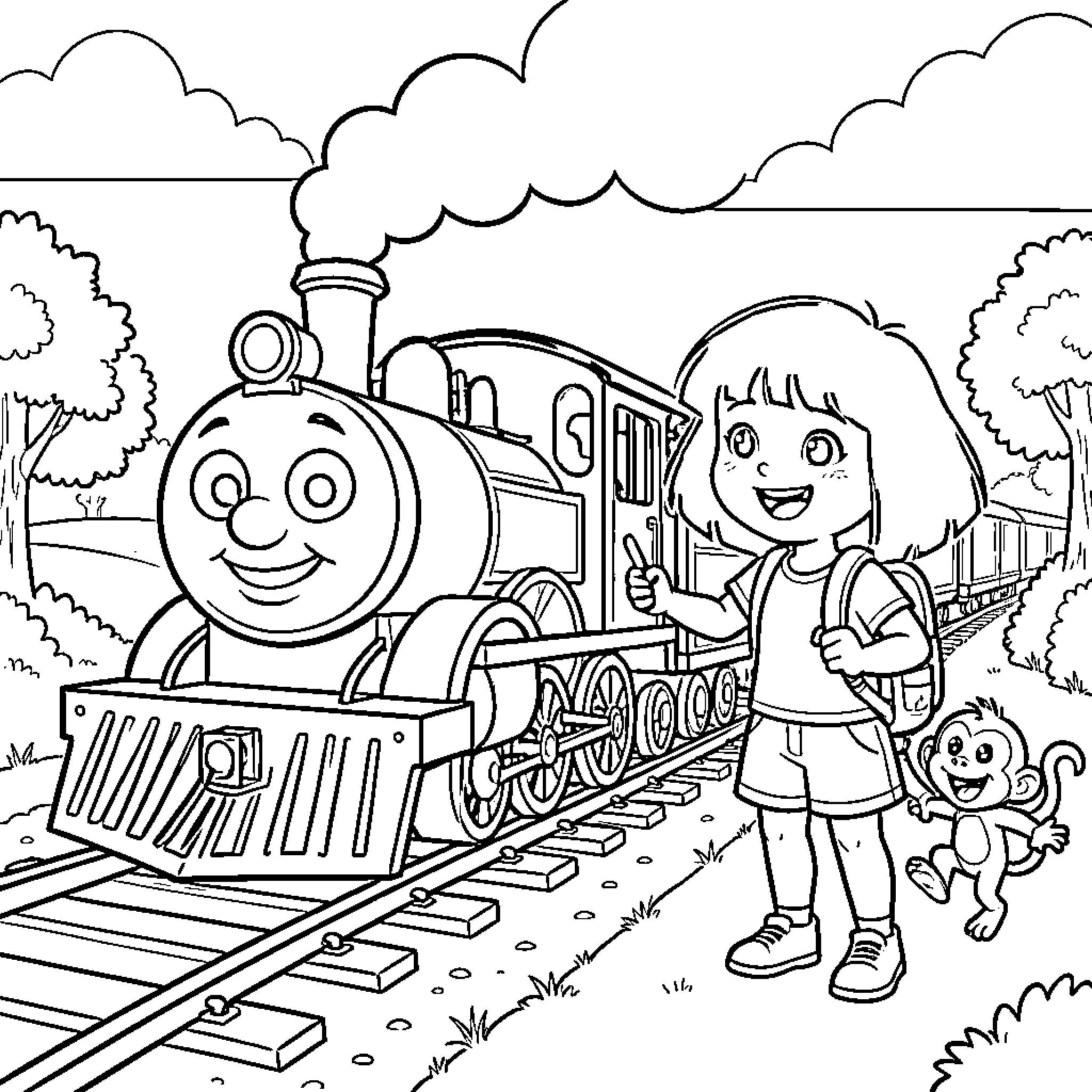 Thomas the Tank Engine smiling with a happy girl Coloring Page (free black-and-white line drawing printable PDF for all, from beginners to advanced learners, including children, teens, adults, and seniors)