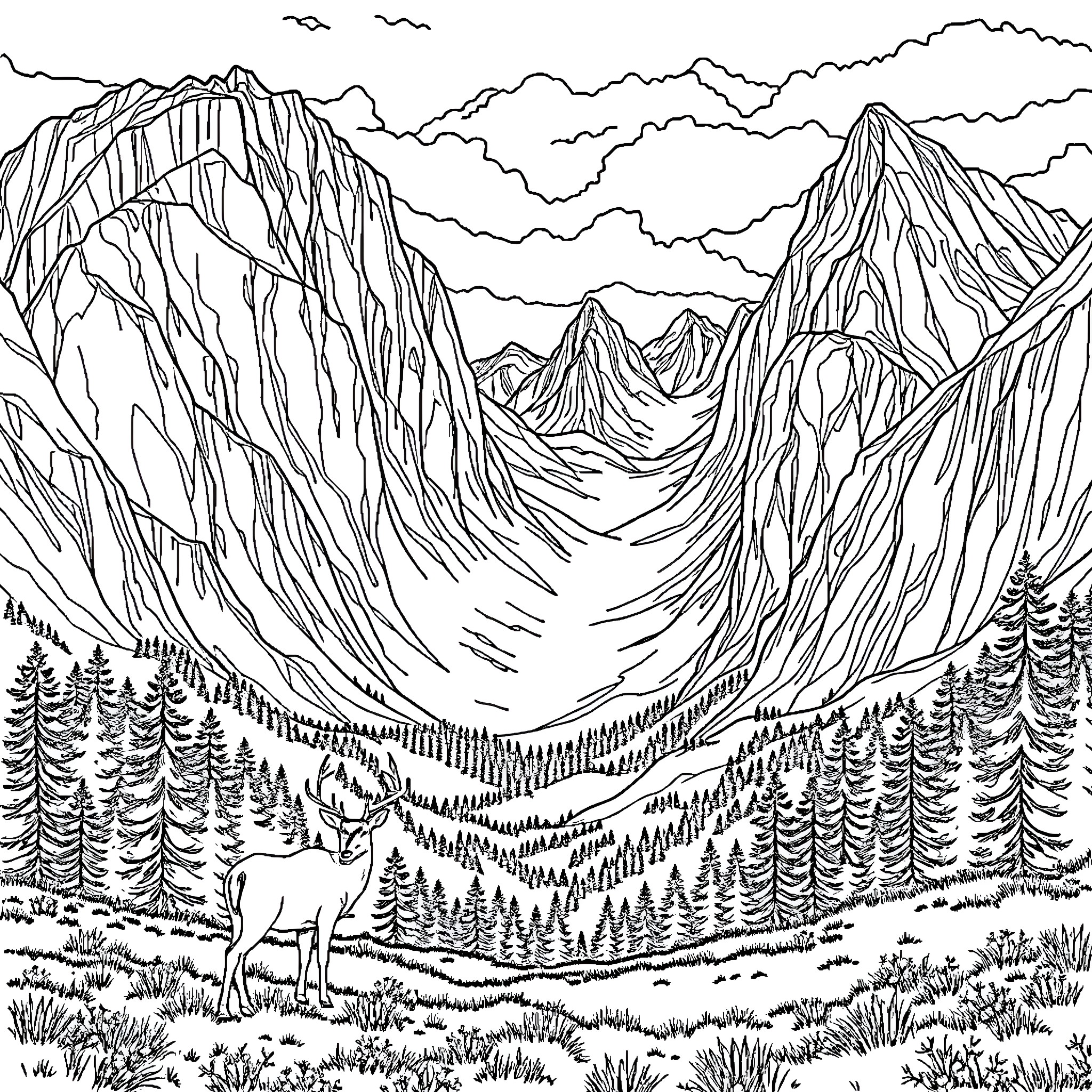 Deer in the Majestic Mountain Landscape Coloring Page (free black-and-white line drawing printable PDF for all, from beginners to advanced learners, including children, teens, adults, and seniors)