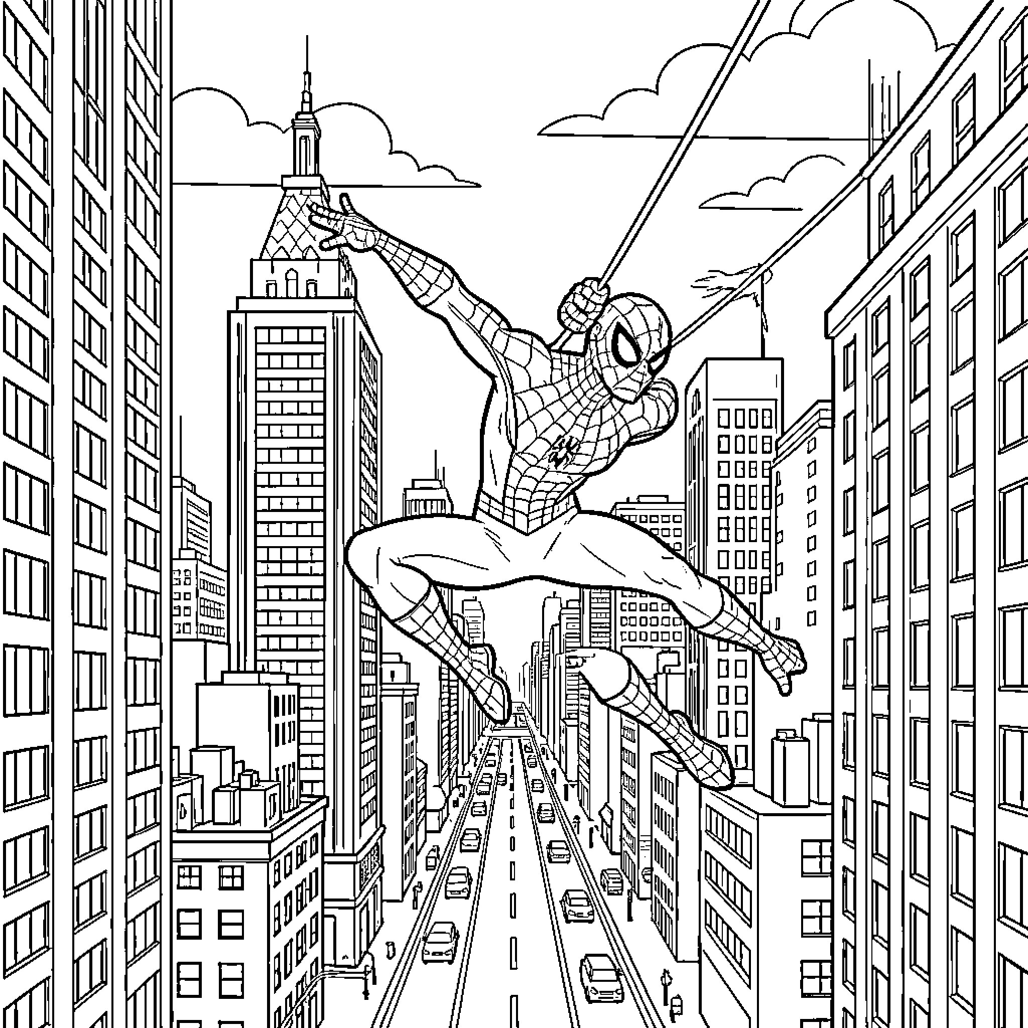 Spiderman swinging through a tall city skyline Coloring Page (free black-and-white line drawing printable PDF for all, from beginners to advanced learners, including children, teens, adults, and seniors)