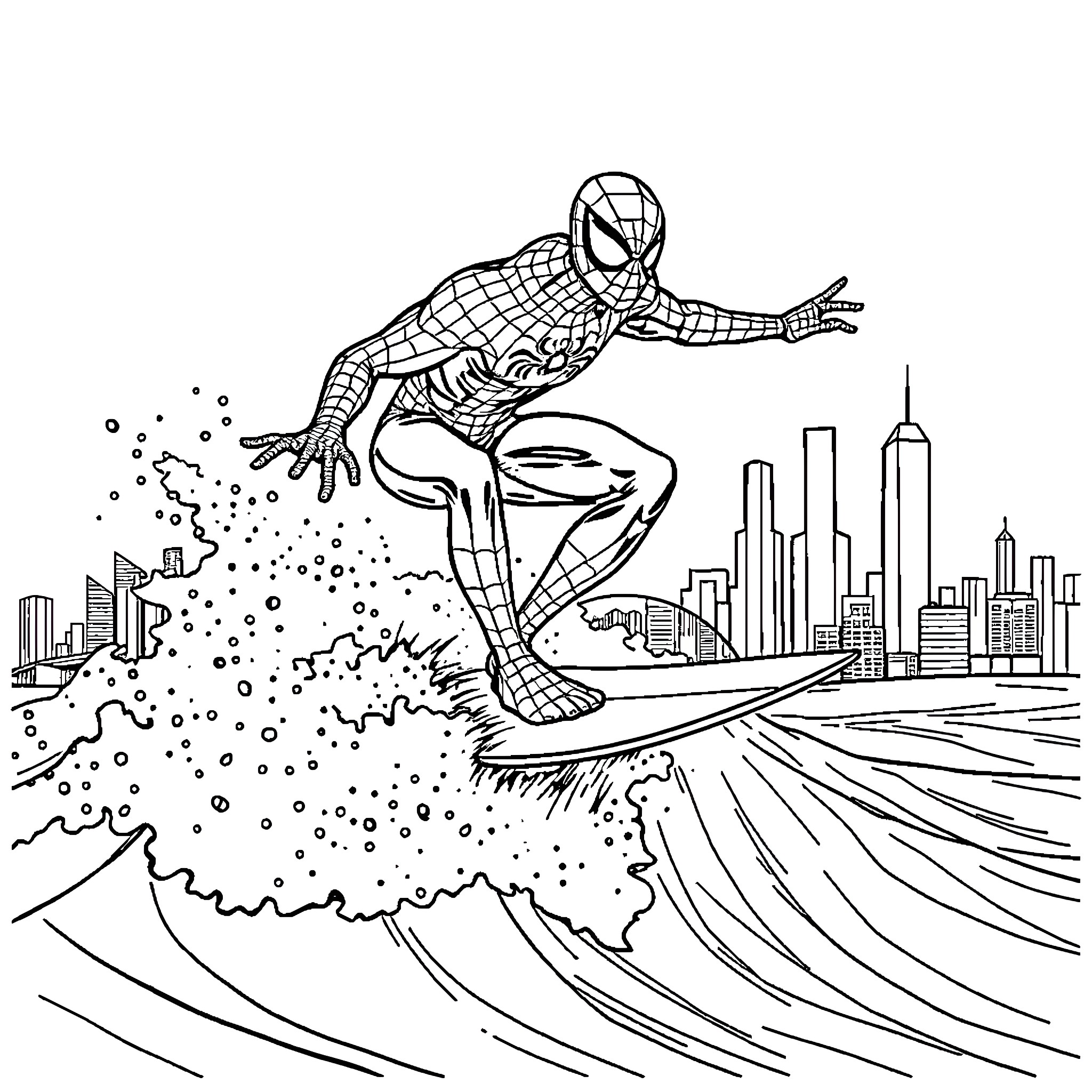 Spiderman surfing on a giant wave in the city Coloring Page (free black-and-white line drawing printable PDF for all, from beginners to advanced learners, including children, teens, adults, and seniors)