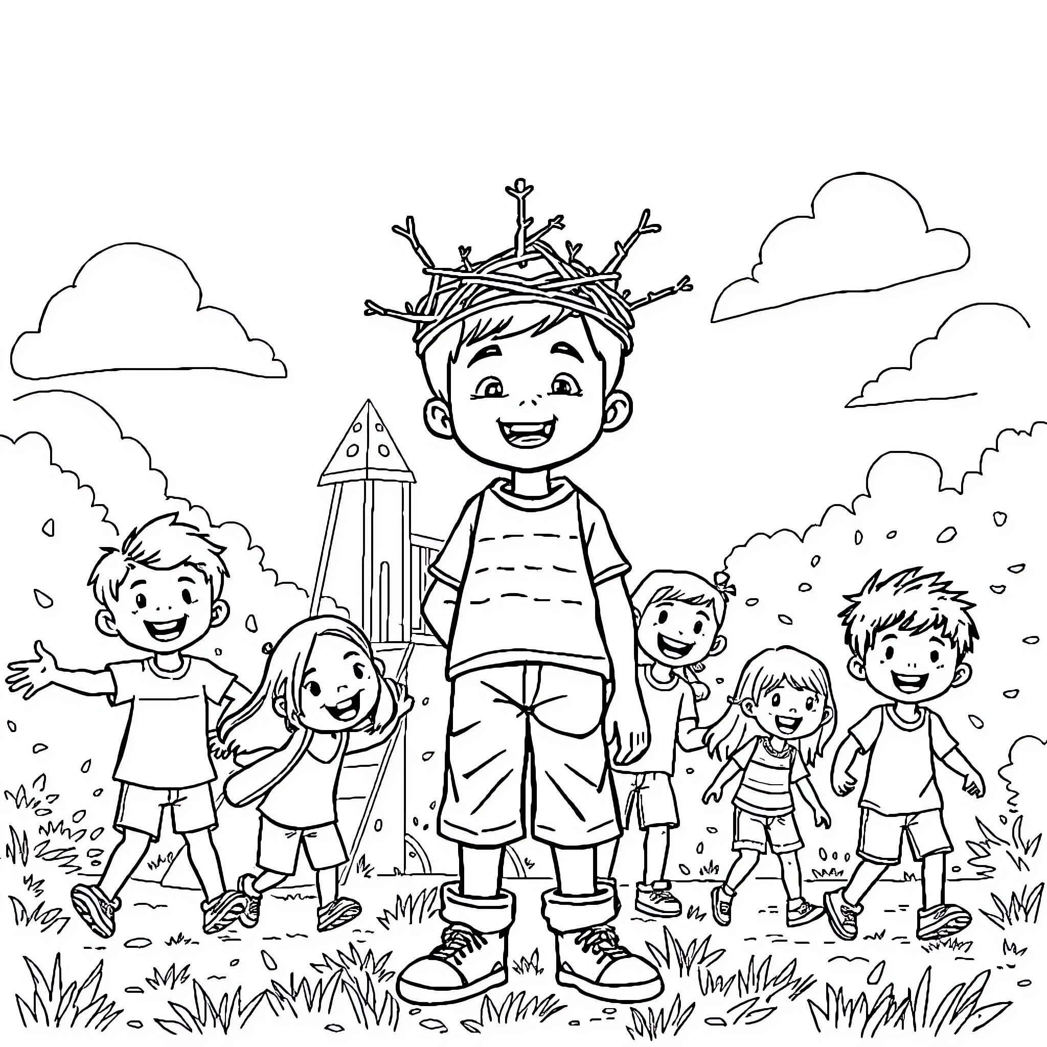 Kids playing together in a nature scene Coloring Page (free black-and-white line drawing printable PDF for all, from beginners to advanced learners, including children, teens, adults, and seniors)