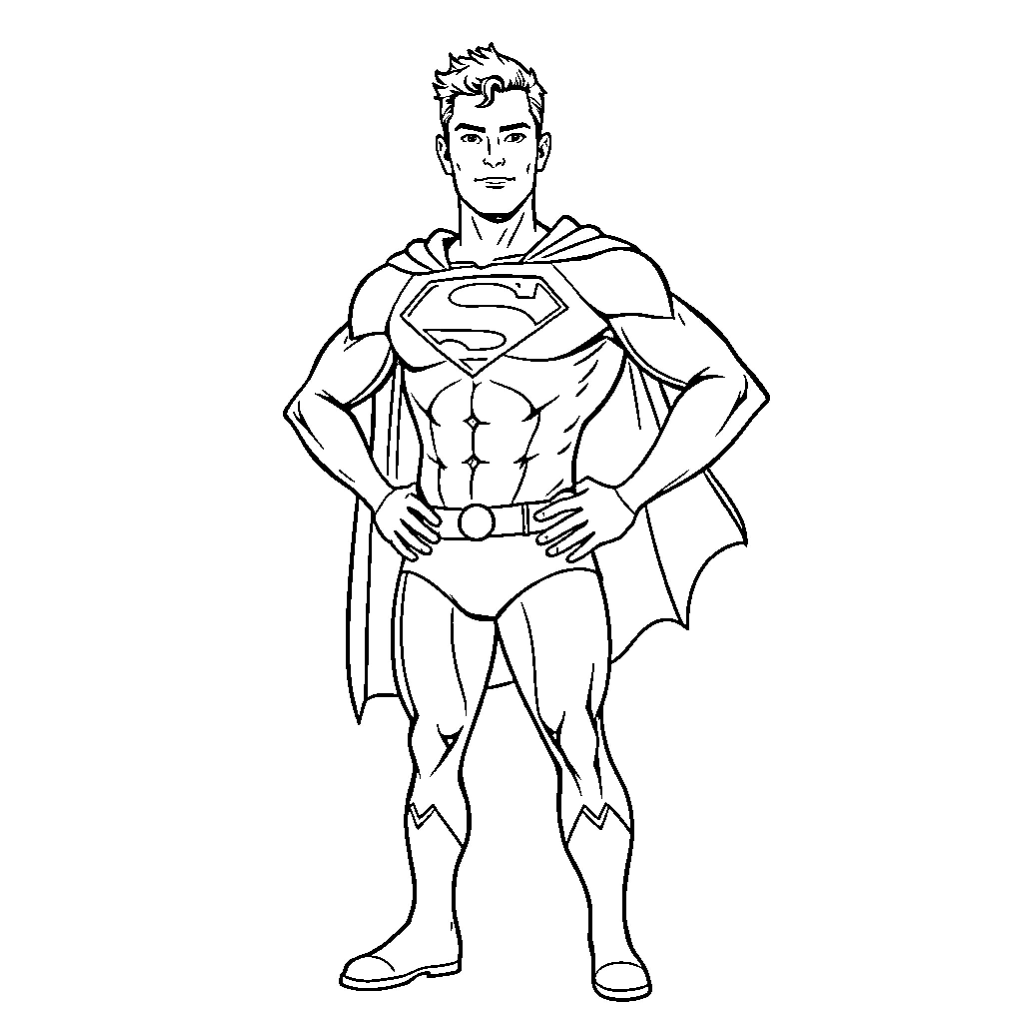 Man in superhero costume with confident pose Coloring Page (free black-and-white line drawing printable PDF for all, from beginners to advanced learners, including children, teens, adults, and seniors)