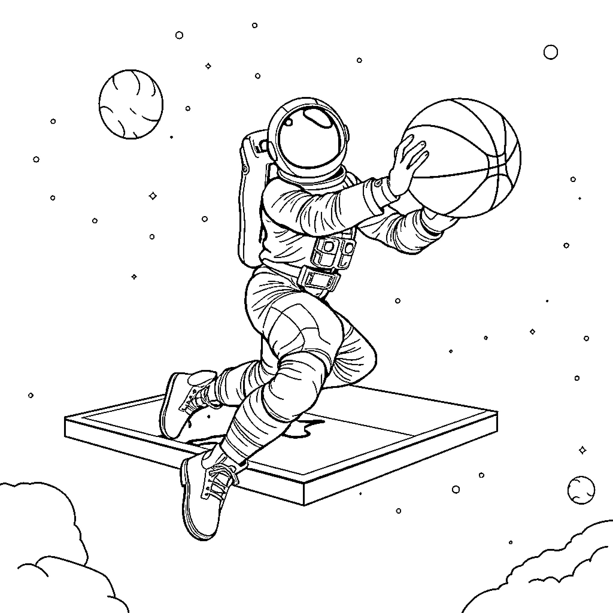 Spaceman playing basketball in outer space Coloring Page (free black-and-white line drawing printable PDF for all, from beginners to advanced learners, including children, teens, adults, and seniors)