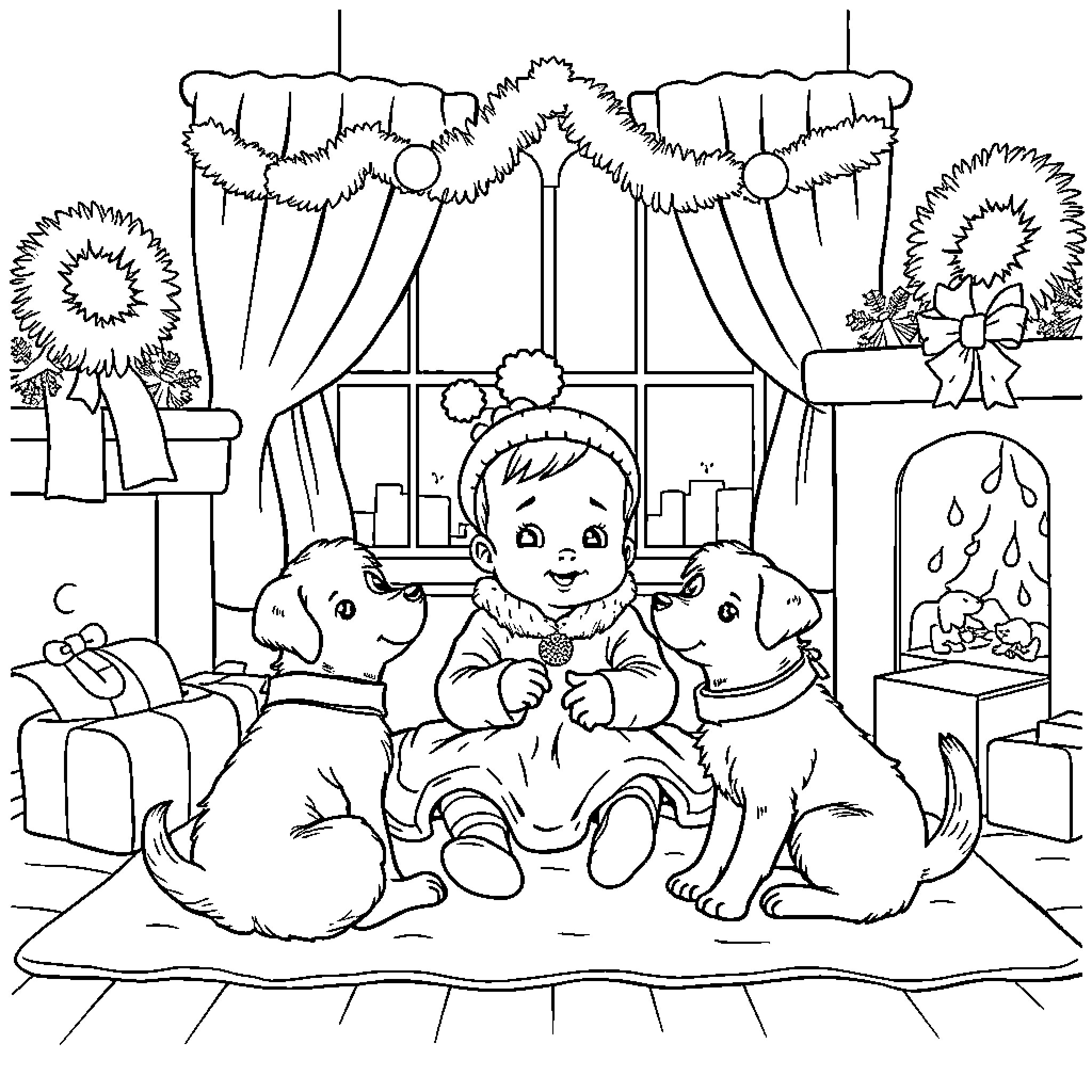 Baby Girl Plays Happily with Puppies in Cozy Home Coloring Page (free black-and-white line drawing printable PDF for all, from beginners to advanced learners, including children, teens, adults, and seniors)