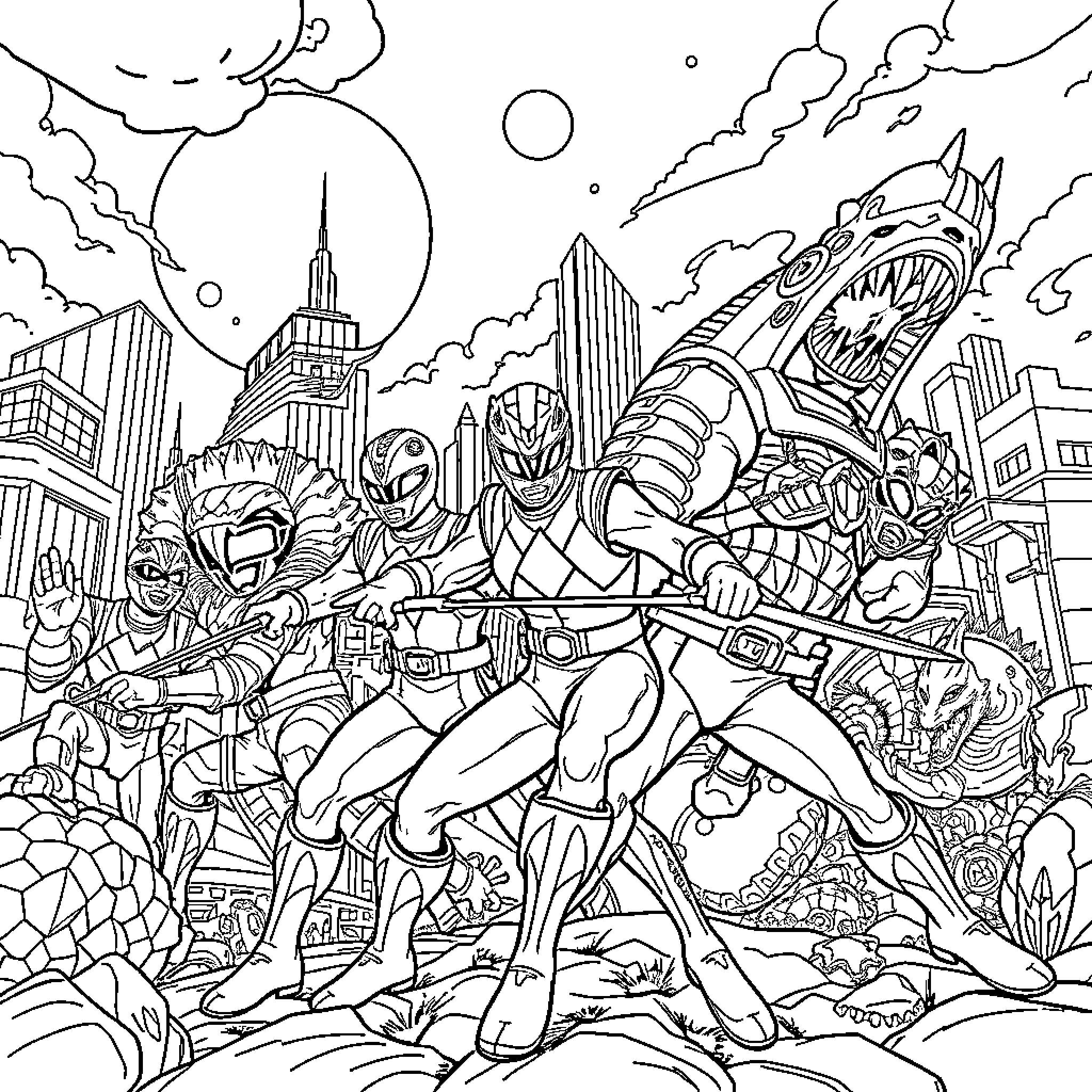 Power Rangers Defend the City from Monstrous Threat Coloring Page (free black-and-white line drawing printable PDF for all, from beginners to advanced learners, including children, teens, adults, and seniors)