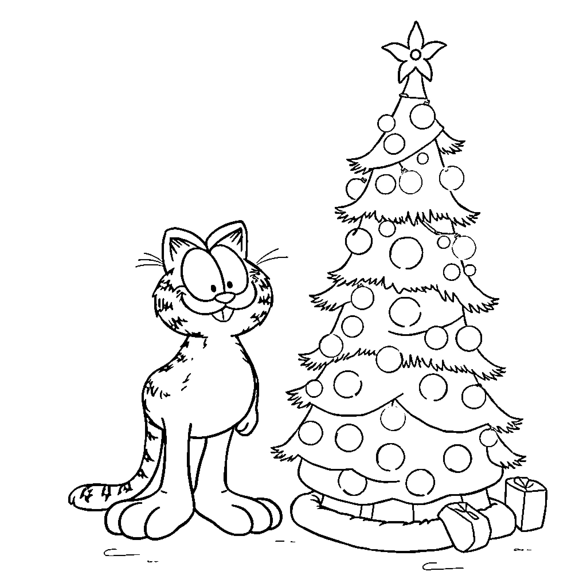 Garfield admiring the decorated Christmas tree Coloring Page (free black-and-white line drawing printable PDF for all, from beginners to advanced learners, including children, teens, adults, and seniors)