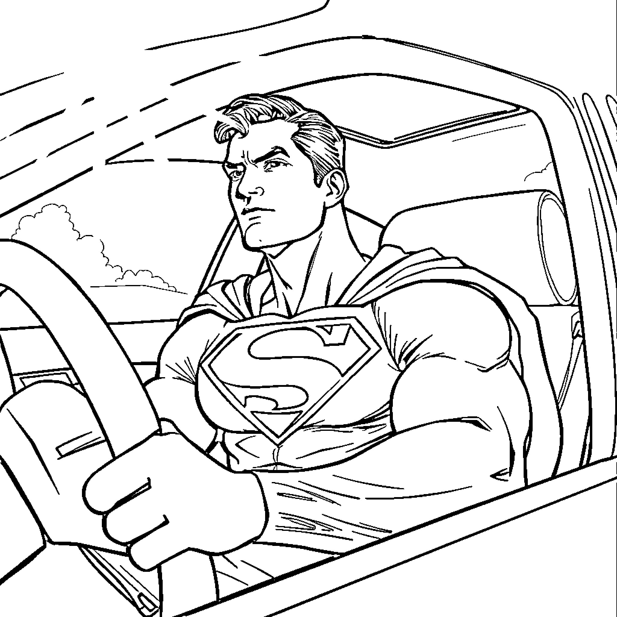 Superman's heroic drive through the city Coloring Page (free black-and-white line drawing printable PDF for all, from beginners to advanced learners, including children, teens, adults, and seniors)