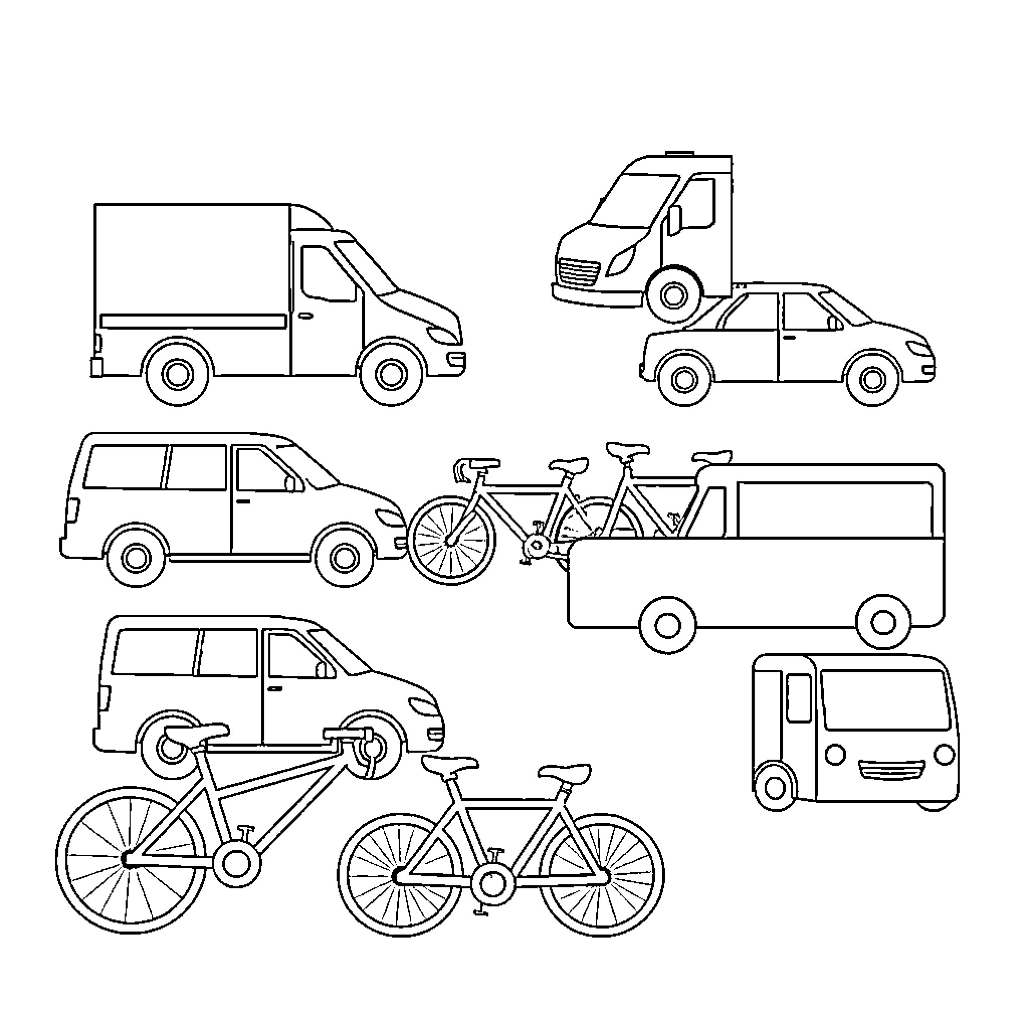 Vehicle Outlines in Various Transportation Modes Coloring Page (free black-and-white line drawing printable PDF for all, from beginners to advanced learners, including children, teens, adults, and seniors)