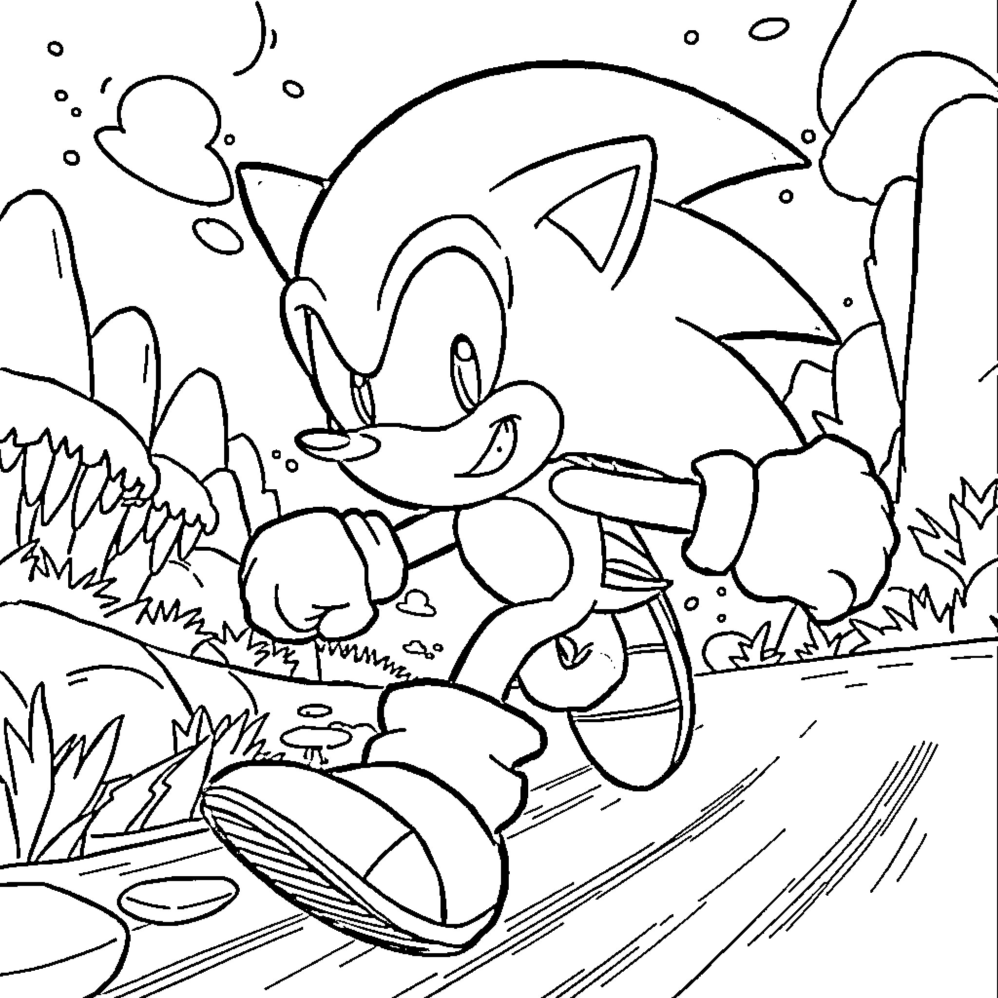 Sonic running through a whimsical outdoor scene Coloring Page (free black-and-white line drawing printable PDF for all, from beginners to advanced learners, including children, teens, adults, and seniors)