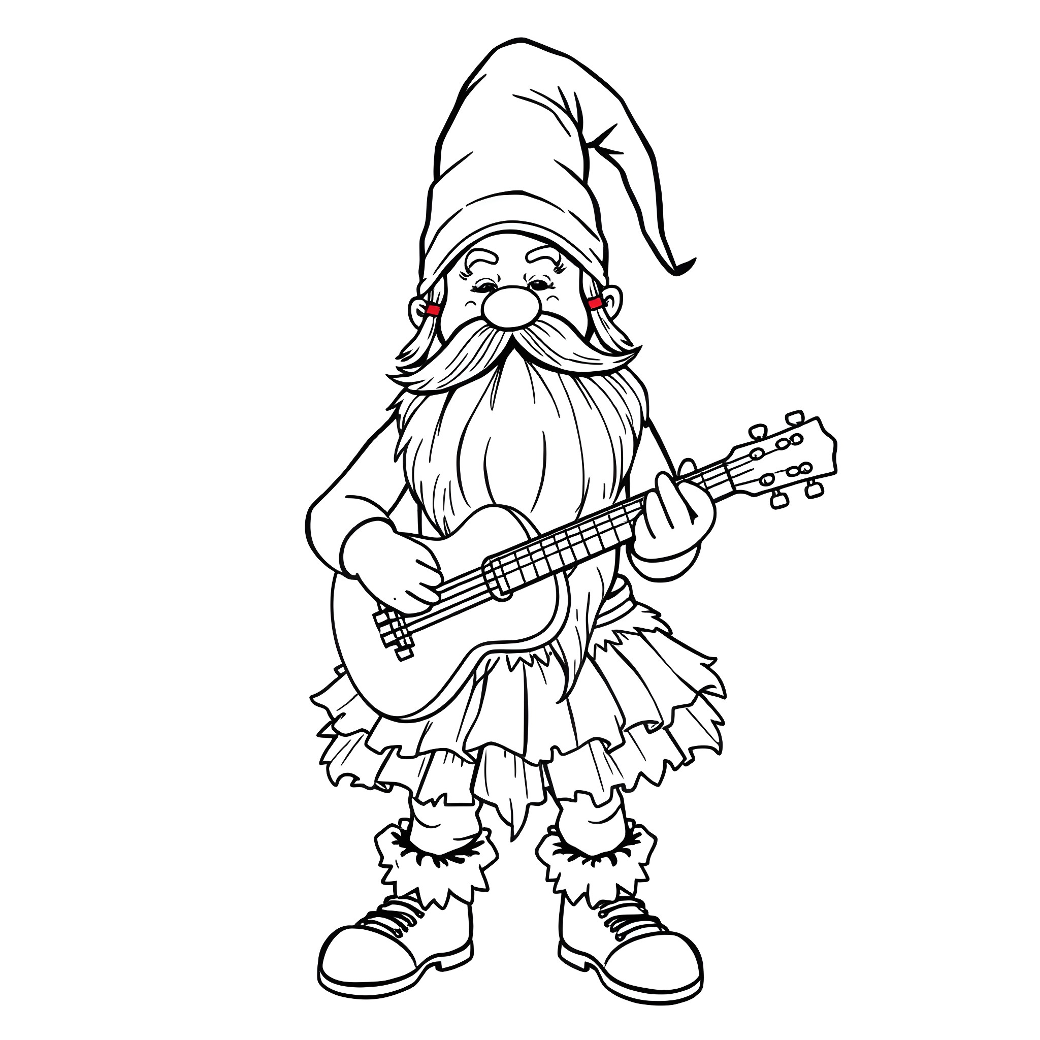 Gnome playing guitar in festive attire Coloring Page (free black-and-white line drawing printable PDF for all, from beginners to advanced learners, including children, teens, adults, and seniors)