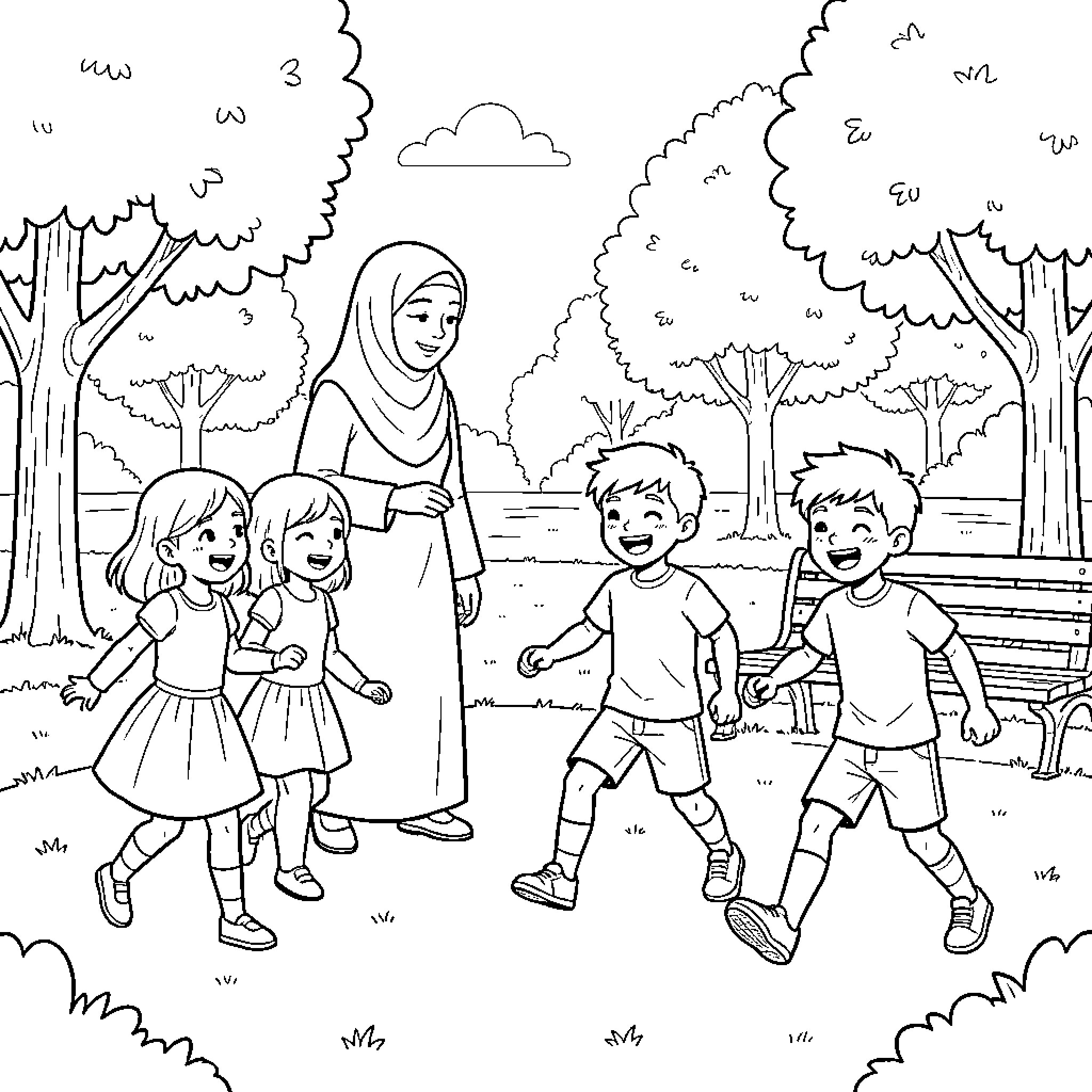 Mom watching children play joyfully in the park Coloring Page (free black-and-white line drawing printable PDF for all, from beginners to advanced learners, including children, teens, adults, and seniors)