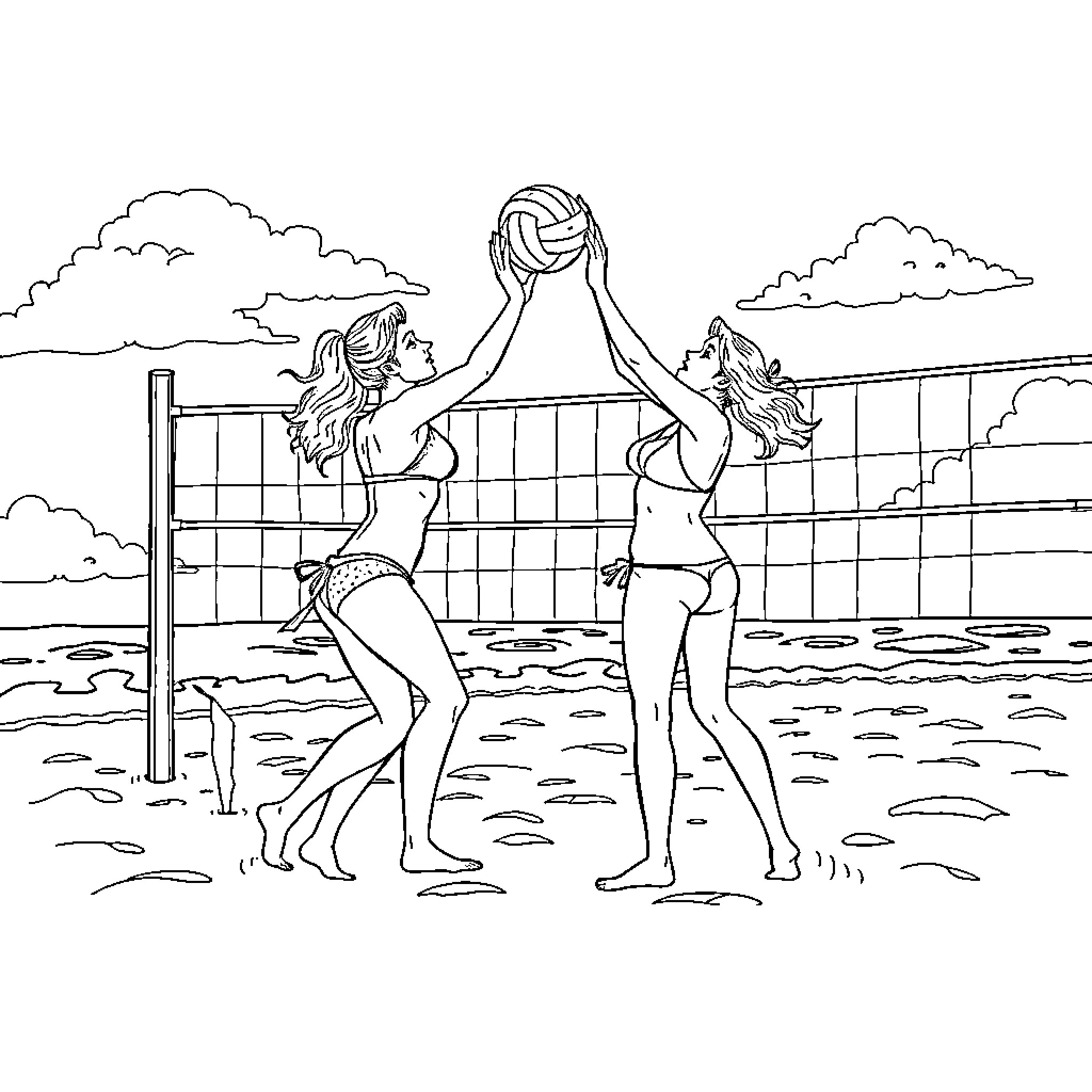 Beach Volleyball Game with Energetic Players Coloring Page (free black-and-white line drawing printable PDF for all, from beginners to advanced learners, including children, teens, adults, and seniors)