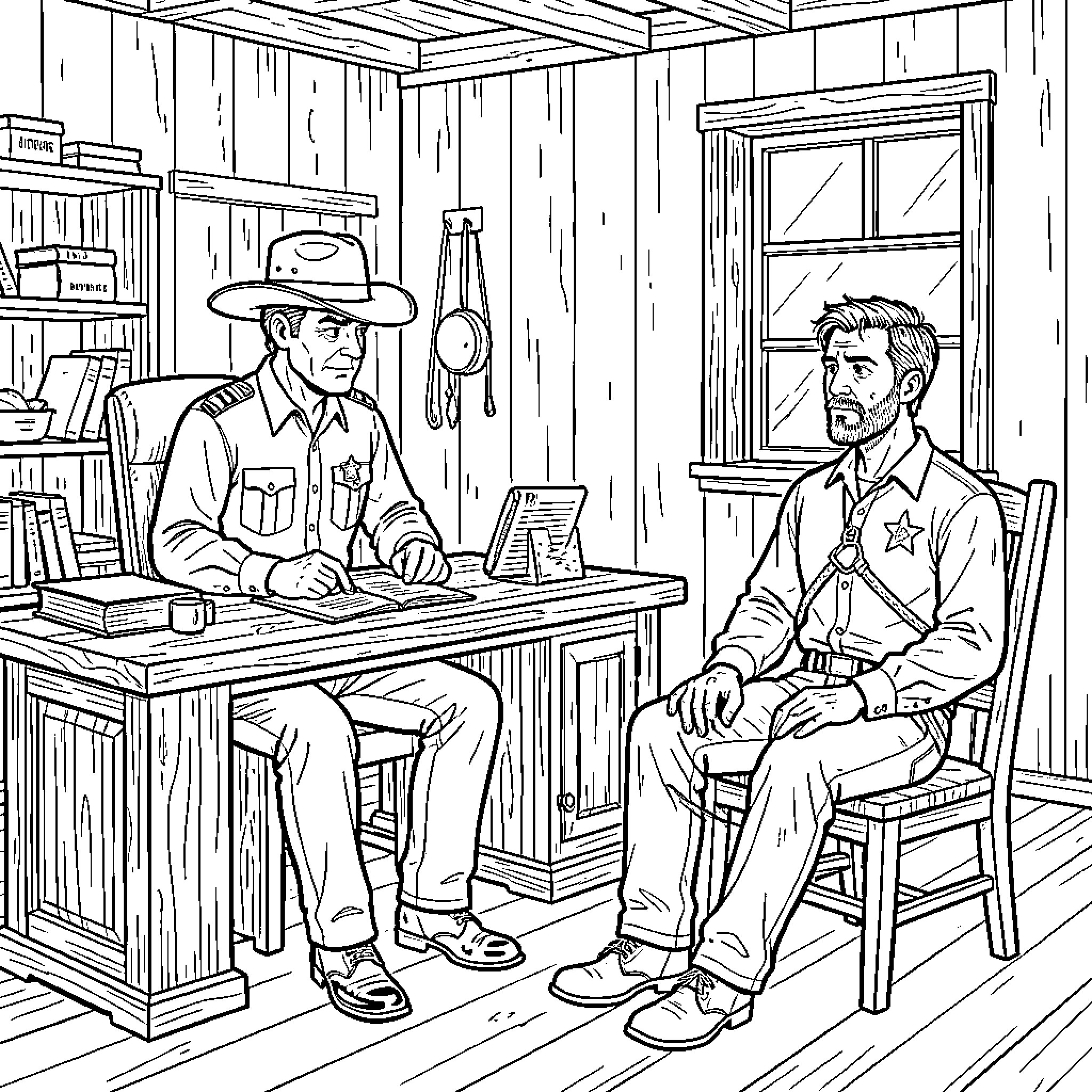 Sheriff interviewing a man at a wooden desk Coloring Page (free black-and-white line drawing printable PDF for all, from beginners to advanced learners, including children, teens, adults, and seniors)