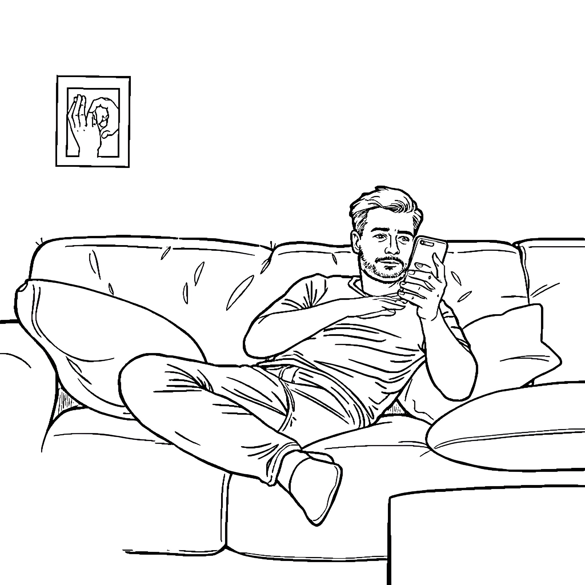 Man relaxing on the couch with his smartphone Coloring Page (free black-and-white line drawing printable PDF for all, from beginners to advanced learners, including children, teens, adults, and seniors)