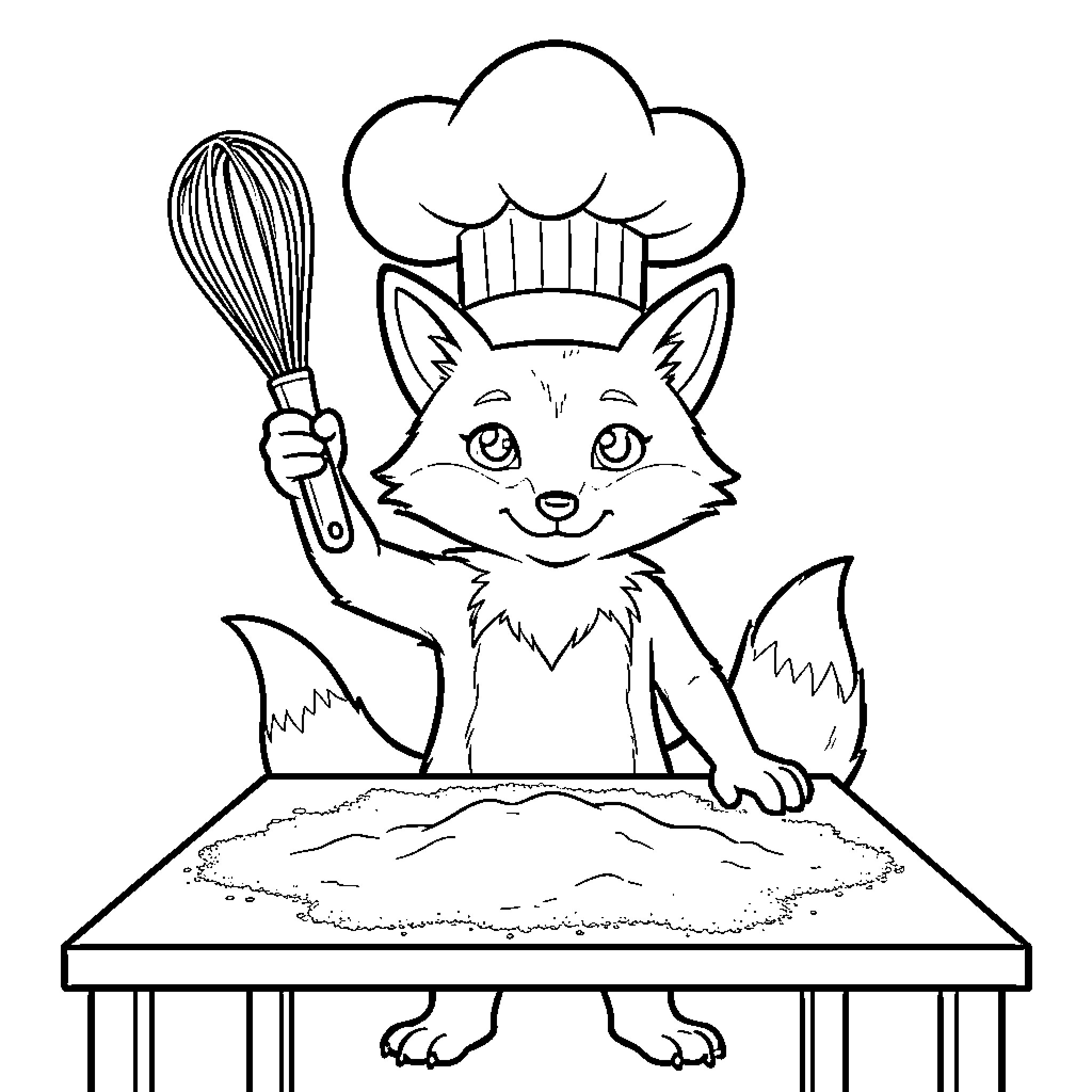 Fox wearing a chef hat and holding a whisk Coloring Page (free black-and-white line drawing printable PDF for all, from beginners to advanced learners, including children, teens, adults, and seniors)