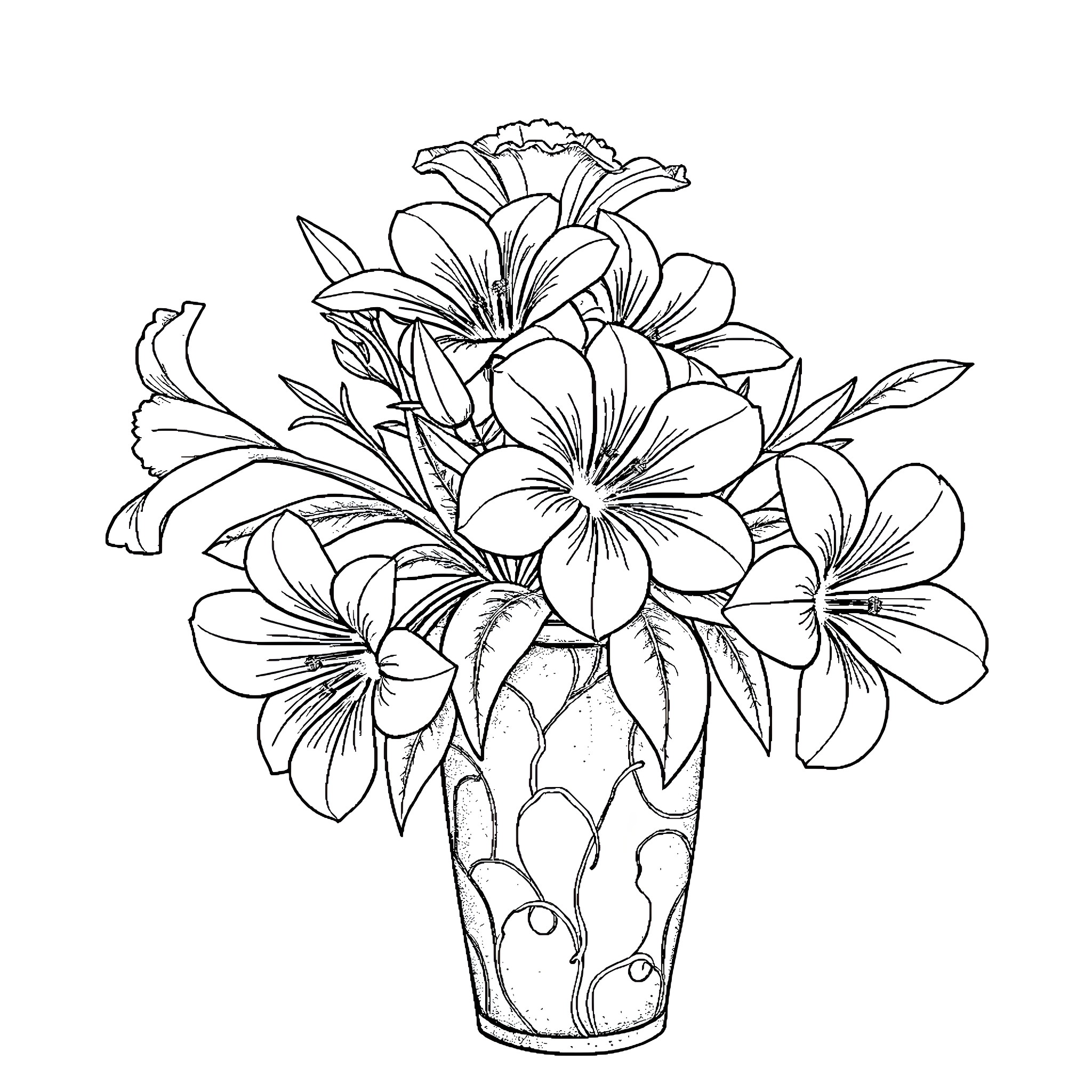 Alstromeria bouquet in decorative vase Coloring Page (free black-and-white line drawing printable PDF for all, from beginners to advanced learners, including children, teens, adults, and seniors)