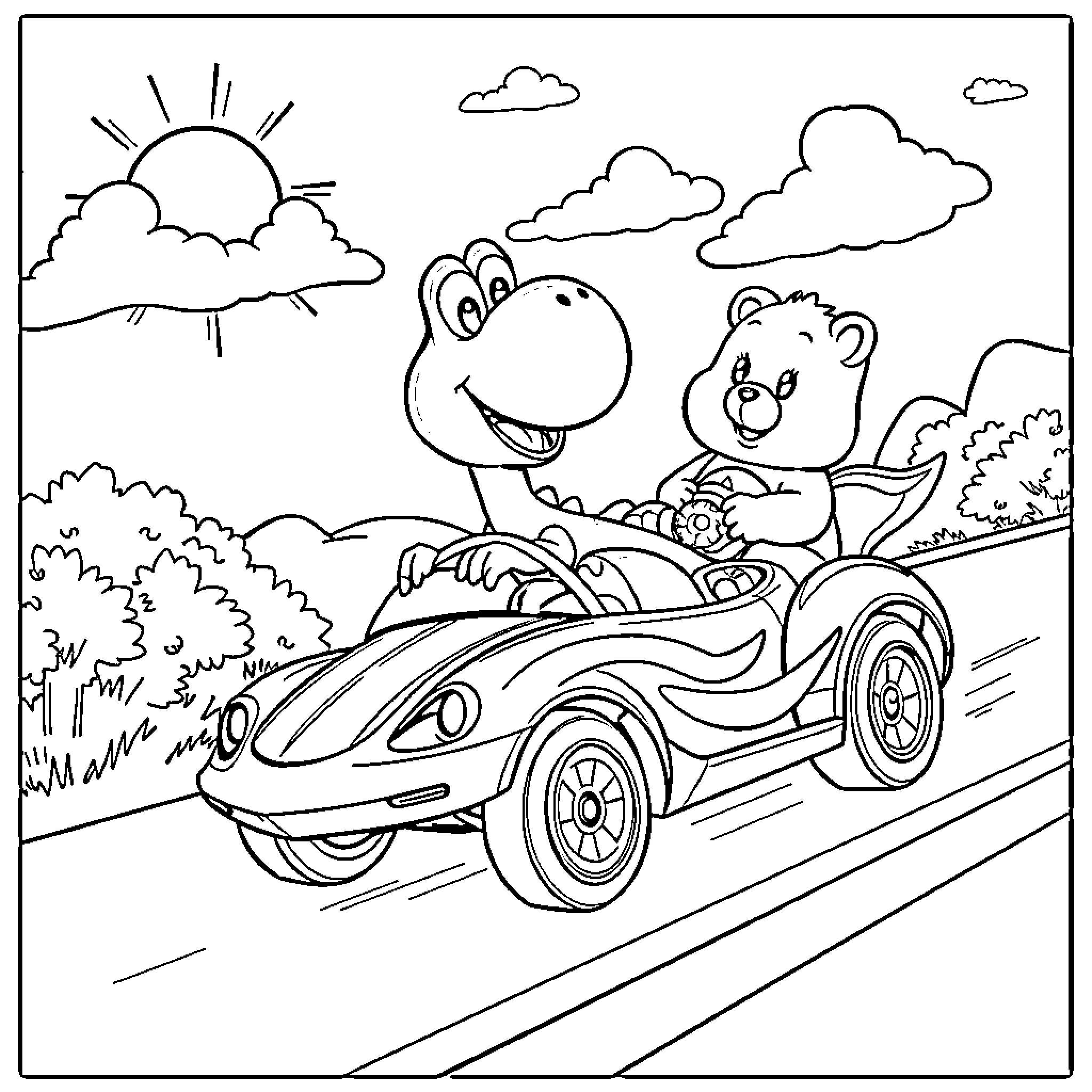 Yoshi and Bear Enjoy Scenic Road Trip Coloring Page (free black-and-white line drawing printable PDF for all, from beginners to advanced learners, including children, teens, adults, and seniors)
