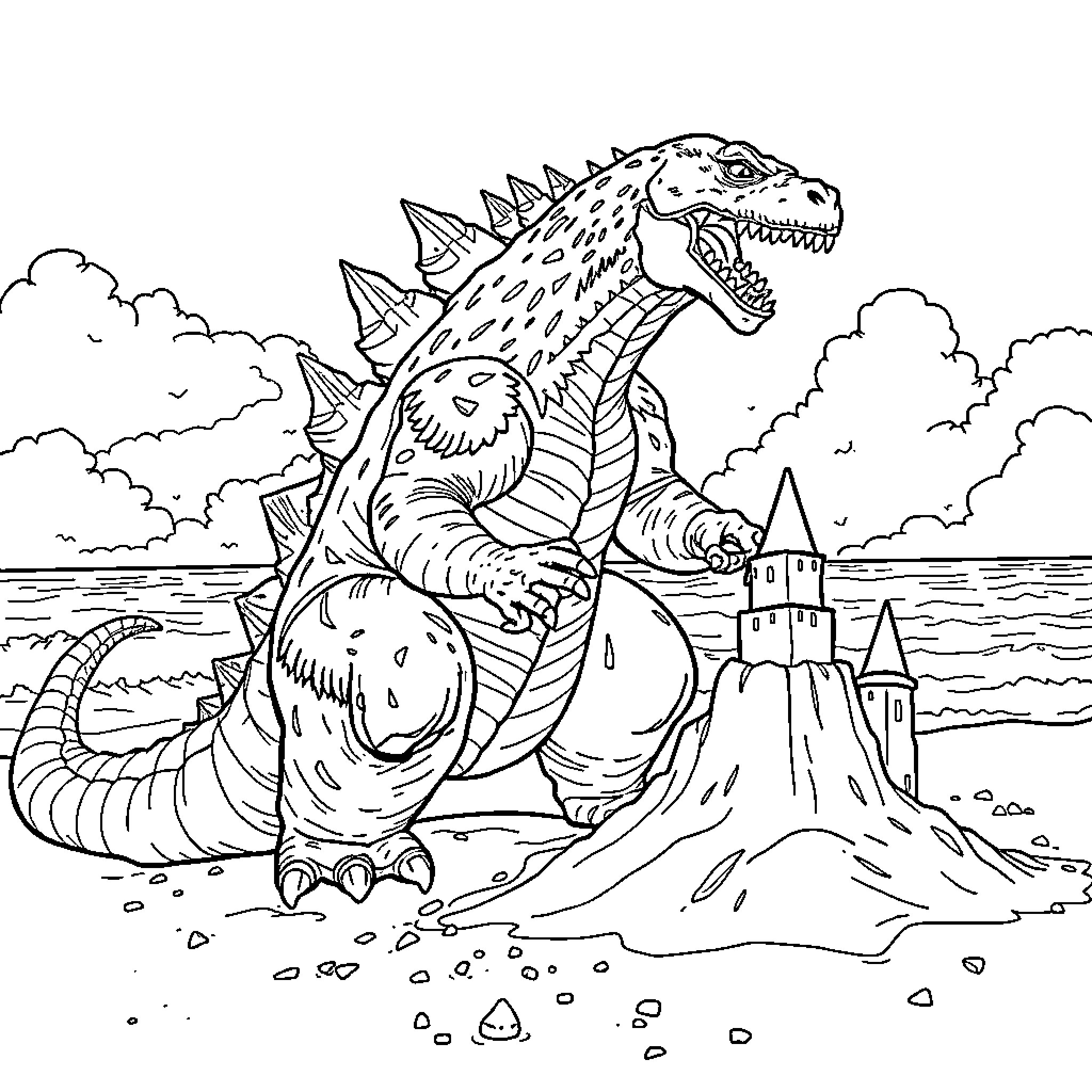 Godzilla destroys sandcastle on the beach Coloring Page (free black-and-white line drawing printable PDF for all, from beginners to advanced learners, including children, teens, adults, and seniors)