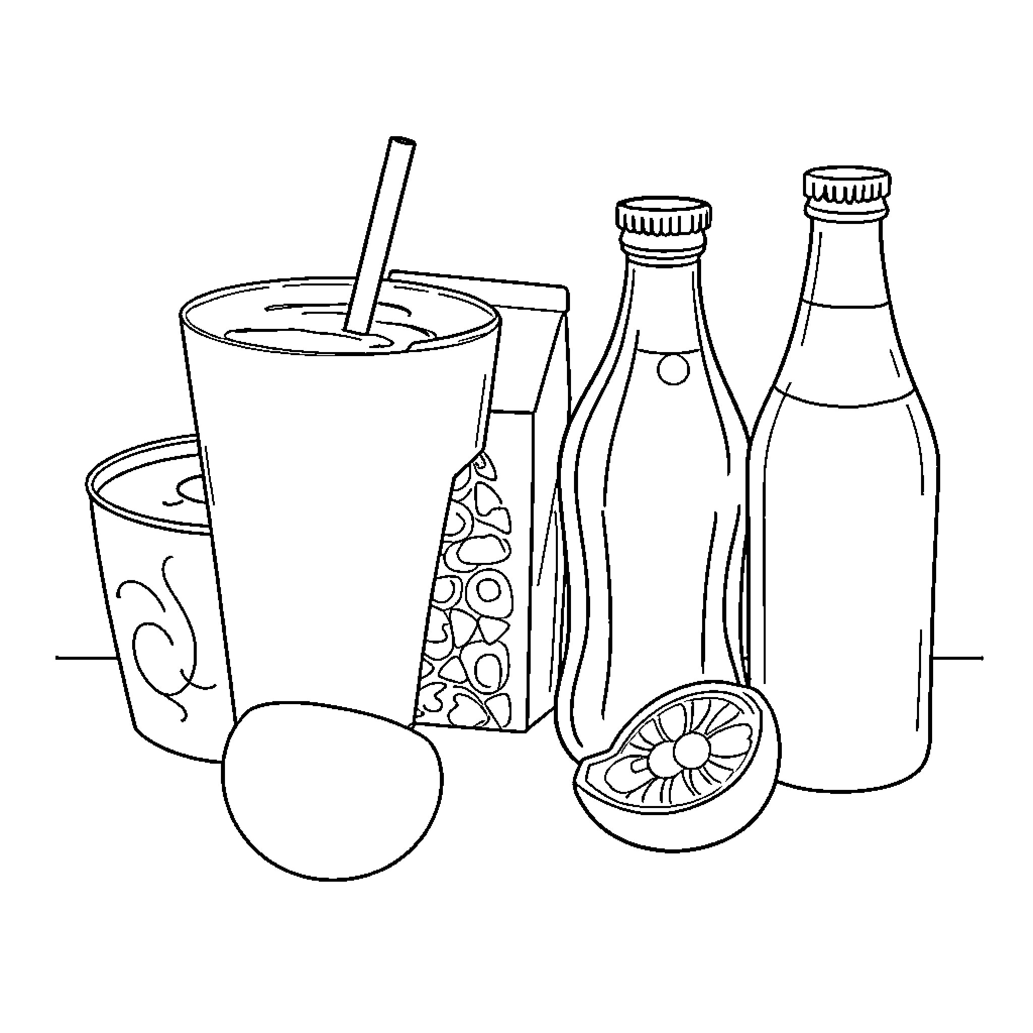 Food items in a simple illustration Coloring Page (free black-and-white line drawing printable PDF for all, from beginners to advanced learners, including children, teens, adults, and seniors)