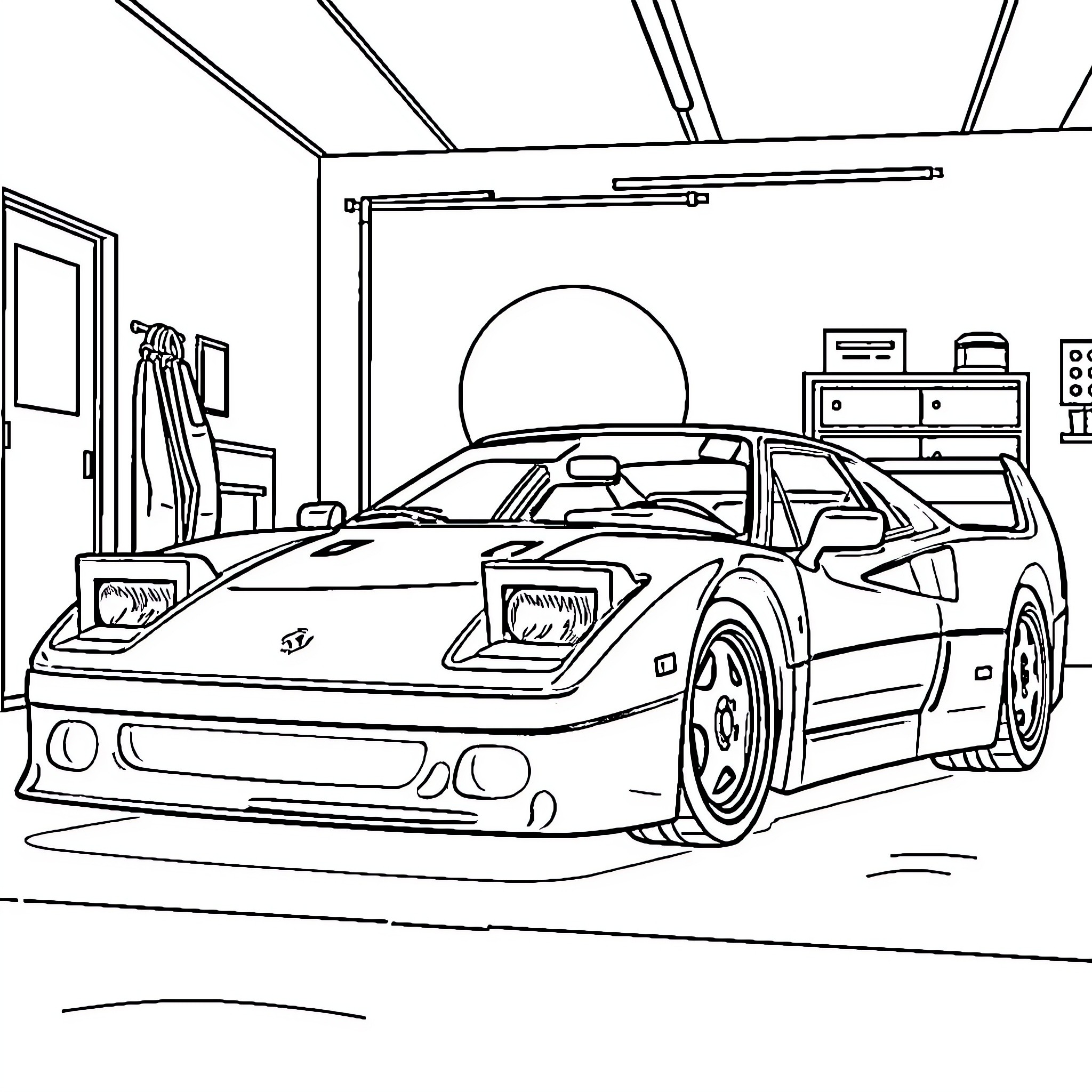 Ferrari sports car in a garage Coloring Page (free black-and-white line drawing printable PDF for all, from beginners to advanced learners, including children, teens, adults, and seniors)