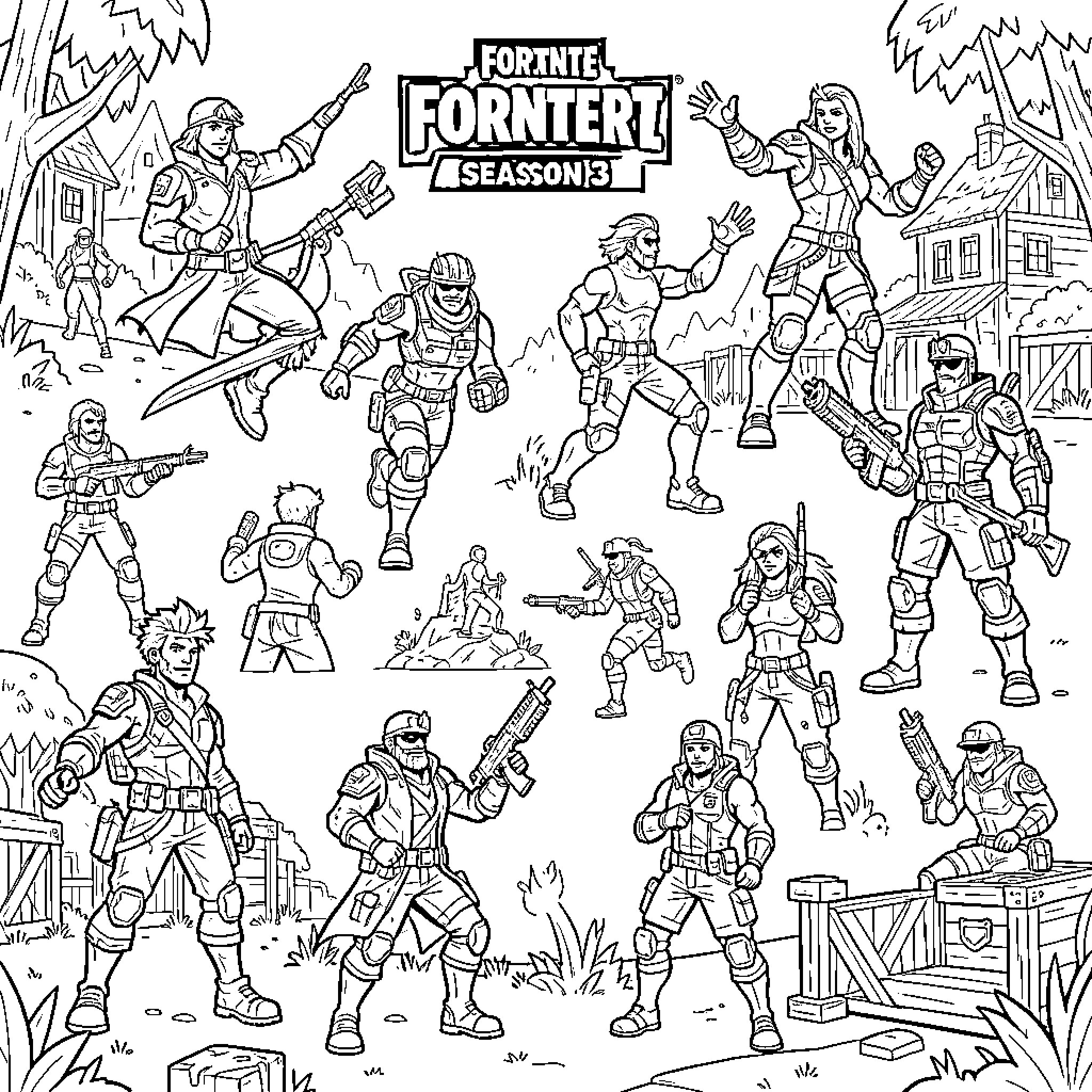 Sprite characters in dynamic combat poses and heroic stances Coloring Page (free black-and-white line drawing printable PDF for all, from beginners to advanced learners, including children, teens, adults, and seniors)