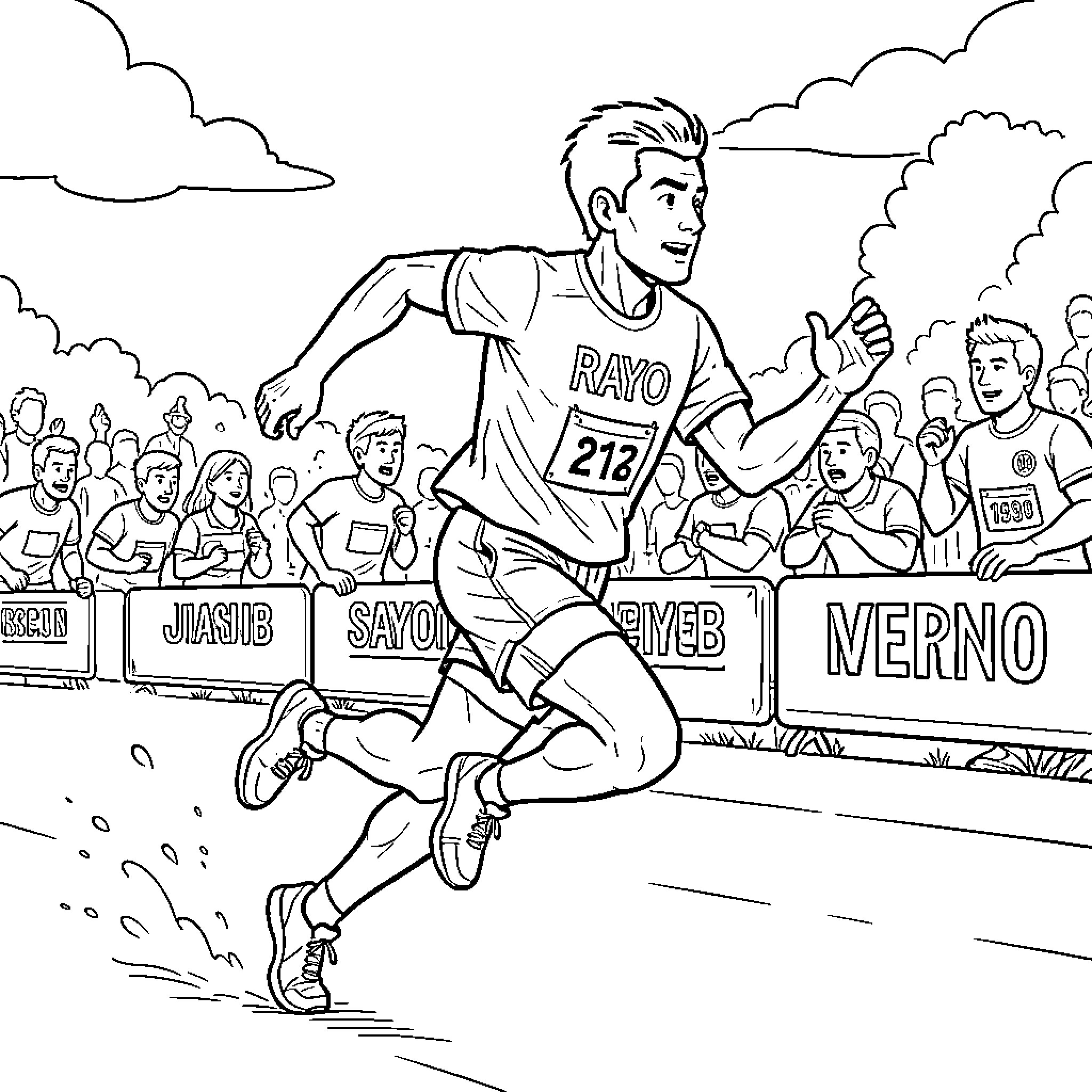Rayo Athlete Competing in a Race Coloring Page (free black-and-white line drawing printable PDF for all, from beginners to advanced learners, including children, teens, adults, and seniors)