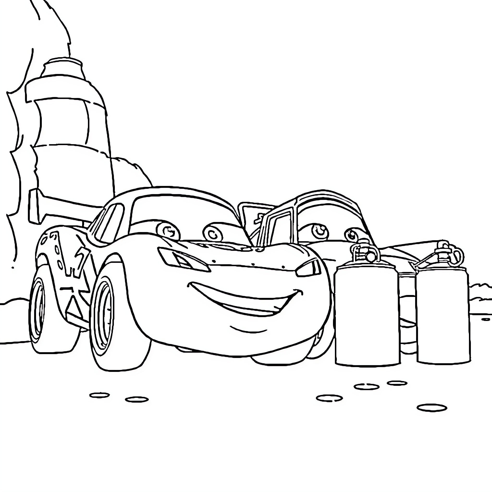 Lightning McQueen repairing with fuel cans Coloring Page (free black-and-white line drawing printable PDF for all, from beginners to advanced learners, including children, teens, adults, and seniors)