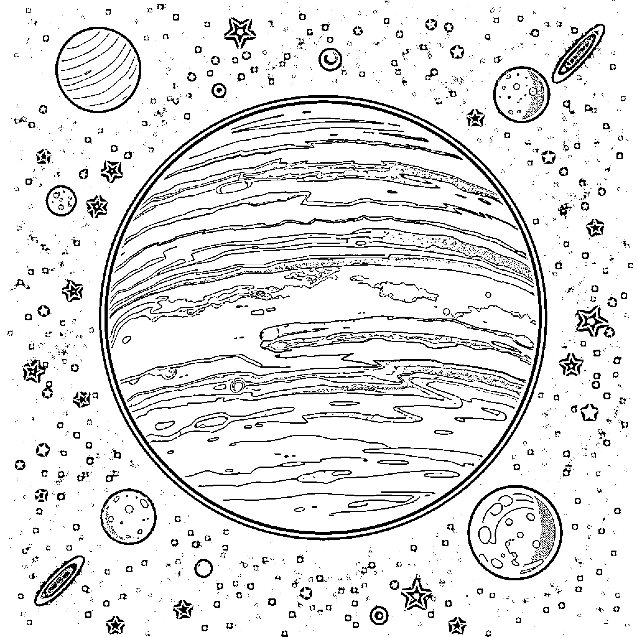 Jupiter's Celestial Wonders Coloring Page (free black-and-white line drawing printable PDF for all, from beginners to advanced learners, including children, teens, adults, and seniors)