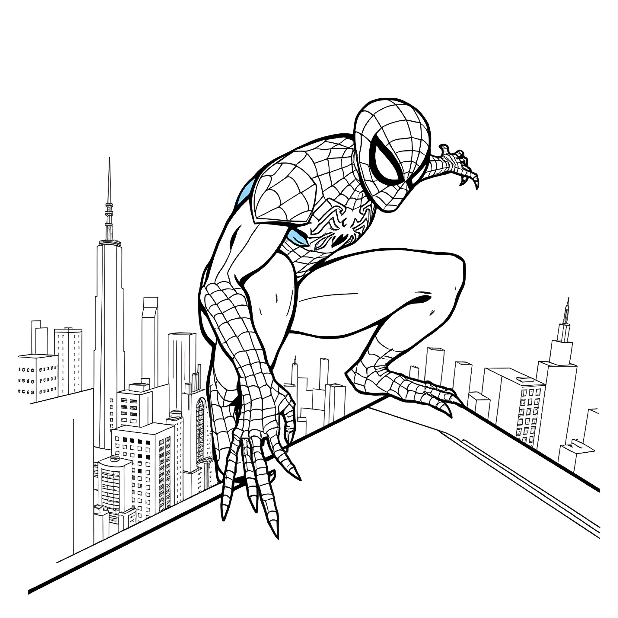 Spiderman swinging through the city skyline Coloring Page (free black-and-white line drawing printable PDF for all, from beginners to advanced learners, including children, teens, adults, and seniors)