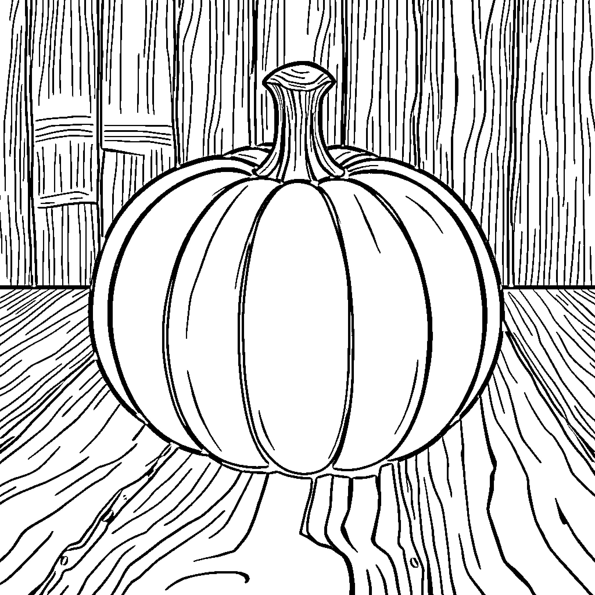Pumpkin on a wooden surface Coloring Page (free black-and-white line drawing printable PDF for all, from beginners to advanced learners, including children, teens, adults, and seniors)