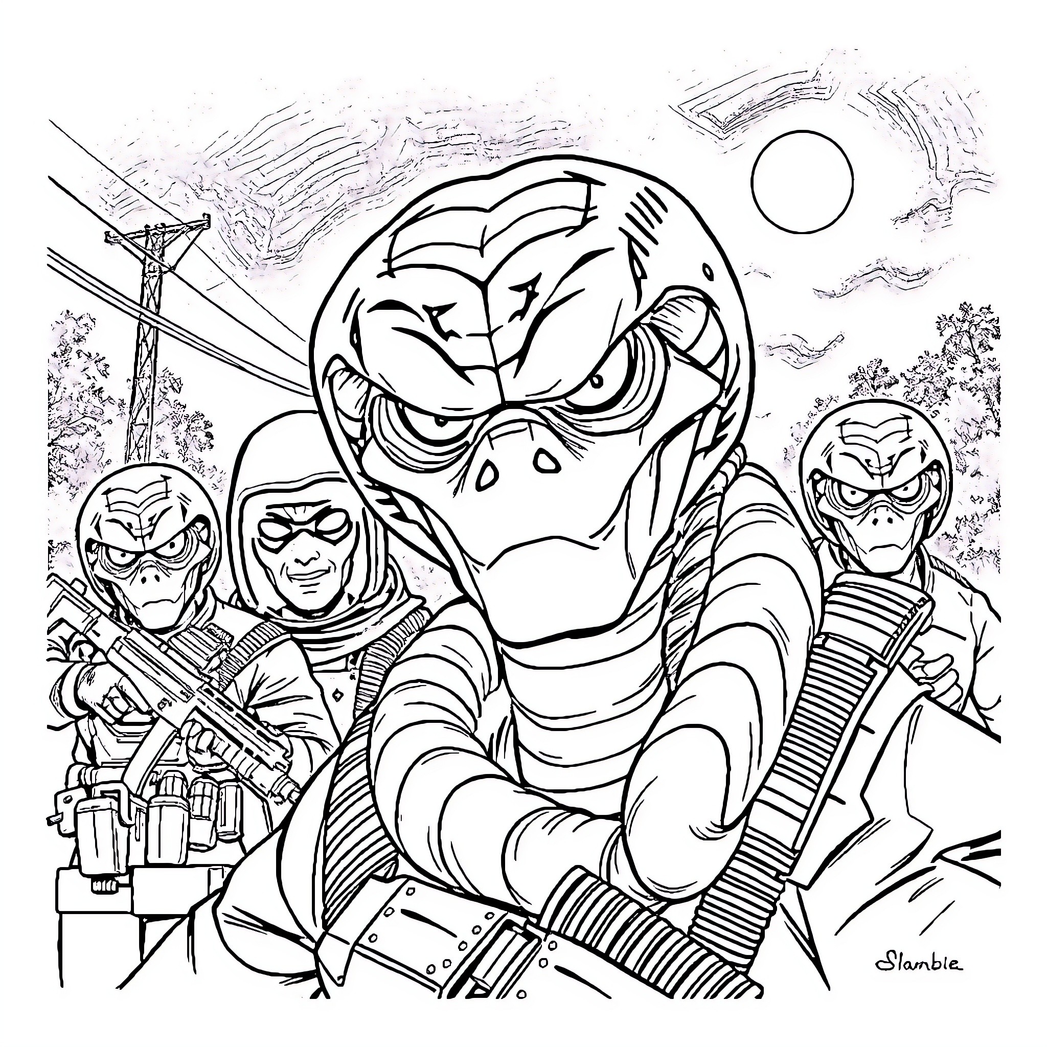 Snake-themed action heroes in combat scene Coloring Page (free black-and-white line drawing printable PDF for all, from beginners to advanced learners, including children, teens, adults, and seniors)