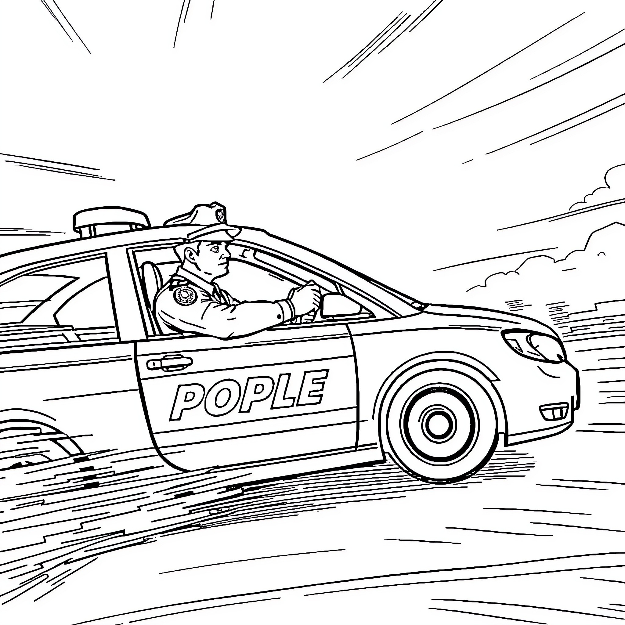 Police Vehicle Responding to Emergency Call Coloring Page (free black-and-white line drawing printable PDF for all, from beginners to advanced learners, including children, teens, adults, and seniors)
