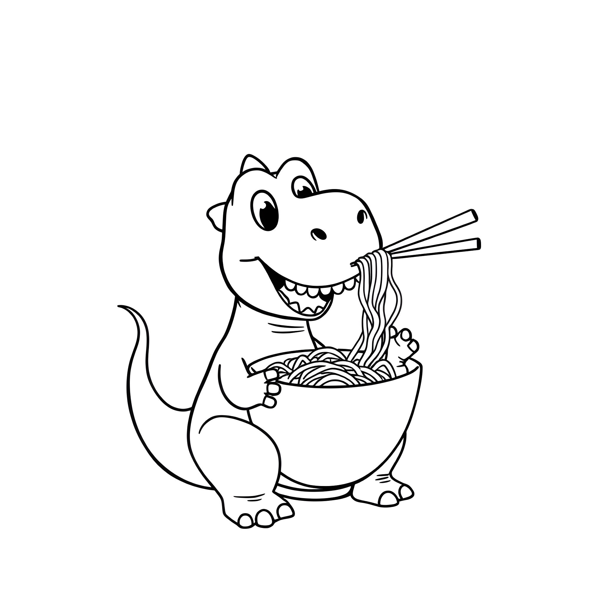 Dinosaur eating noodles happily Coloring Page (free black-and-white line drawing printable PDF for all, from beginners to advanced learners, including children, teens, adults, and seniors)
