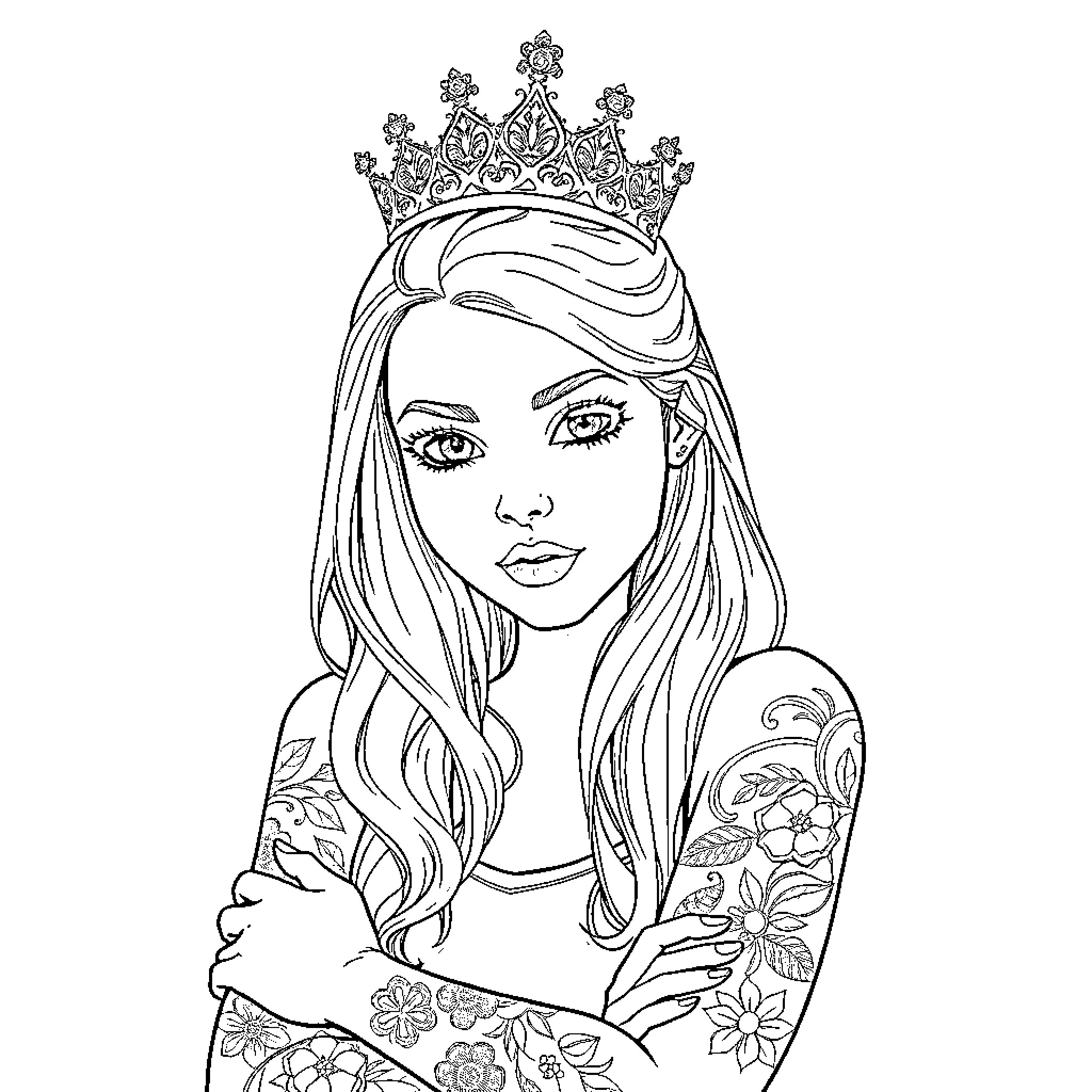 Girl with crown and floral tattoo Coloring Page (free black-and-white line drawing printable PDF for all, from beginners to advanced learners, including children, teens, adults, and seniors)