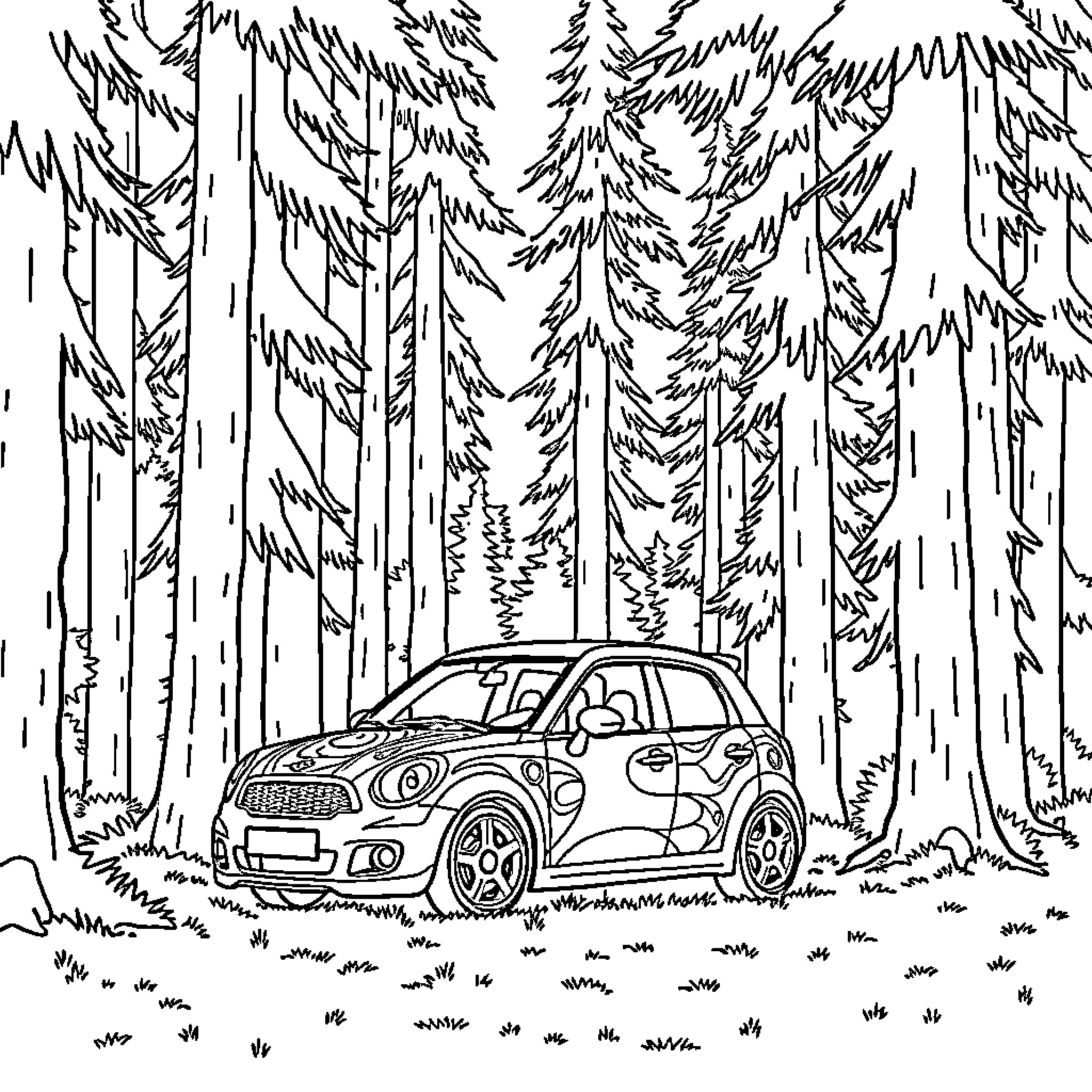 Car driving through the forest Coloring Page (free black-and-white line drawing printable PDF for all, from beginners to advanced learners, including children, teens, adults, and seniors)