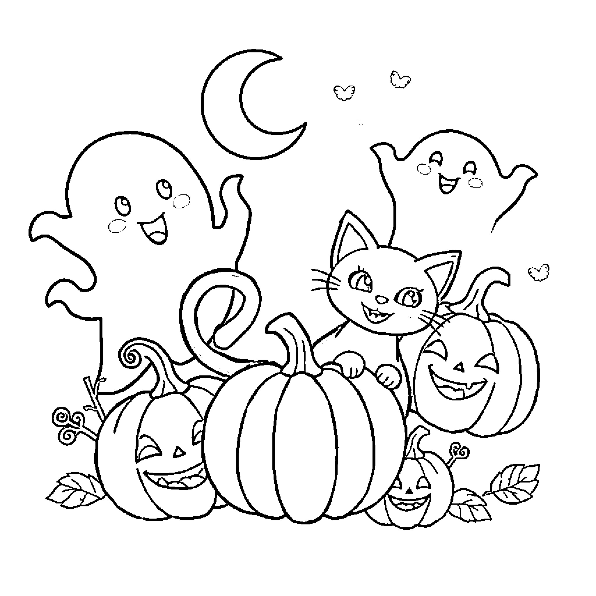 Halloween Creature Playing with Pumpkins and Ghosts Coloring Page (free black-and-white line drawing printable PDF for all, from beginners to advanced learners, including children, teens, adults, and seniors)