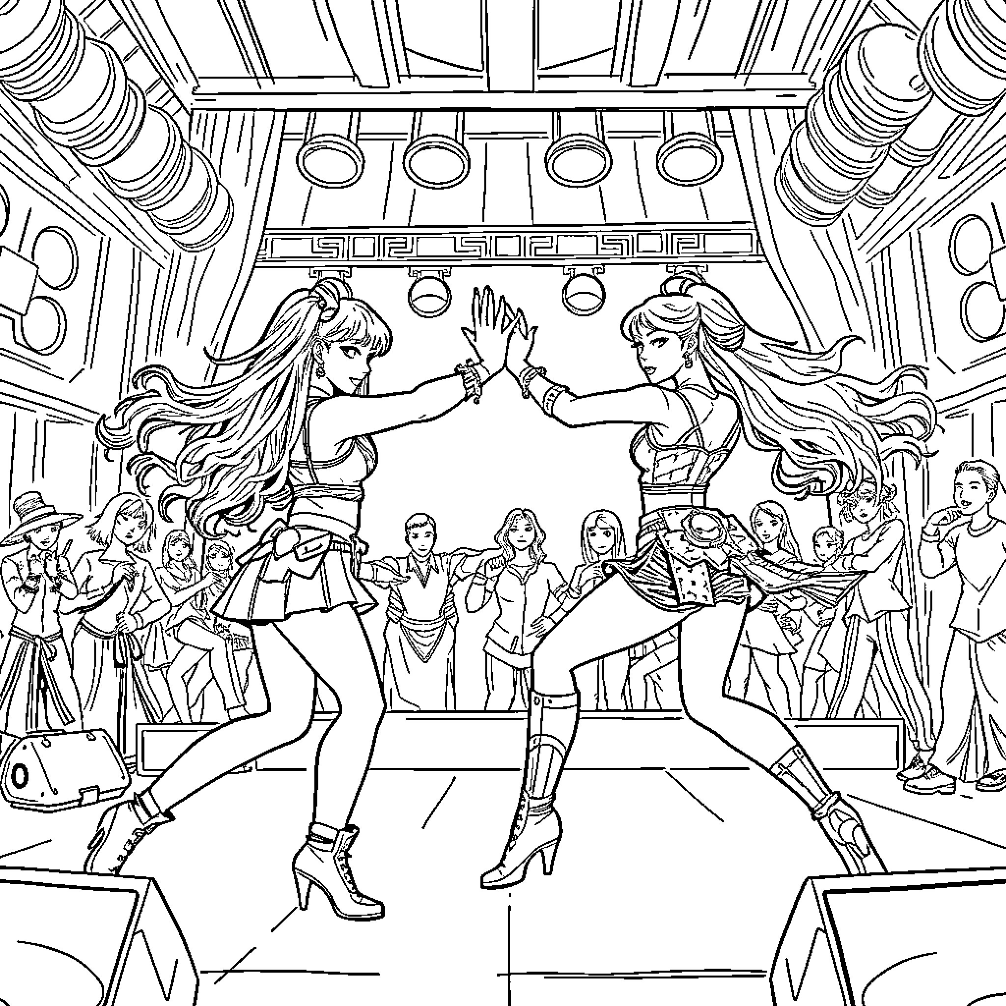 K Pop Warrior Duo Engage in Energetic Dance on Stage Coloring Page (free black-and-white line drawing printable PDF for all, from beginners to advanced learners, including children, teens, adults, and seniors)