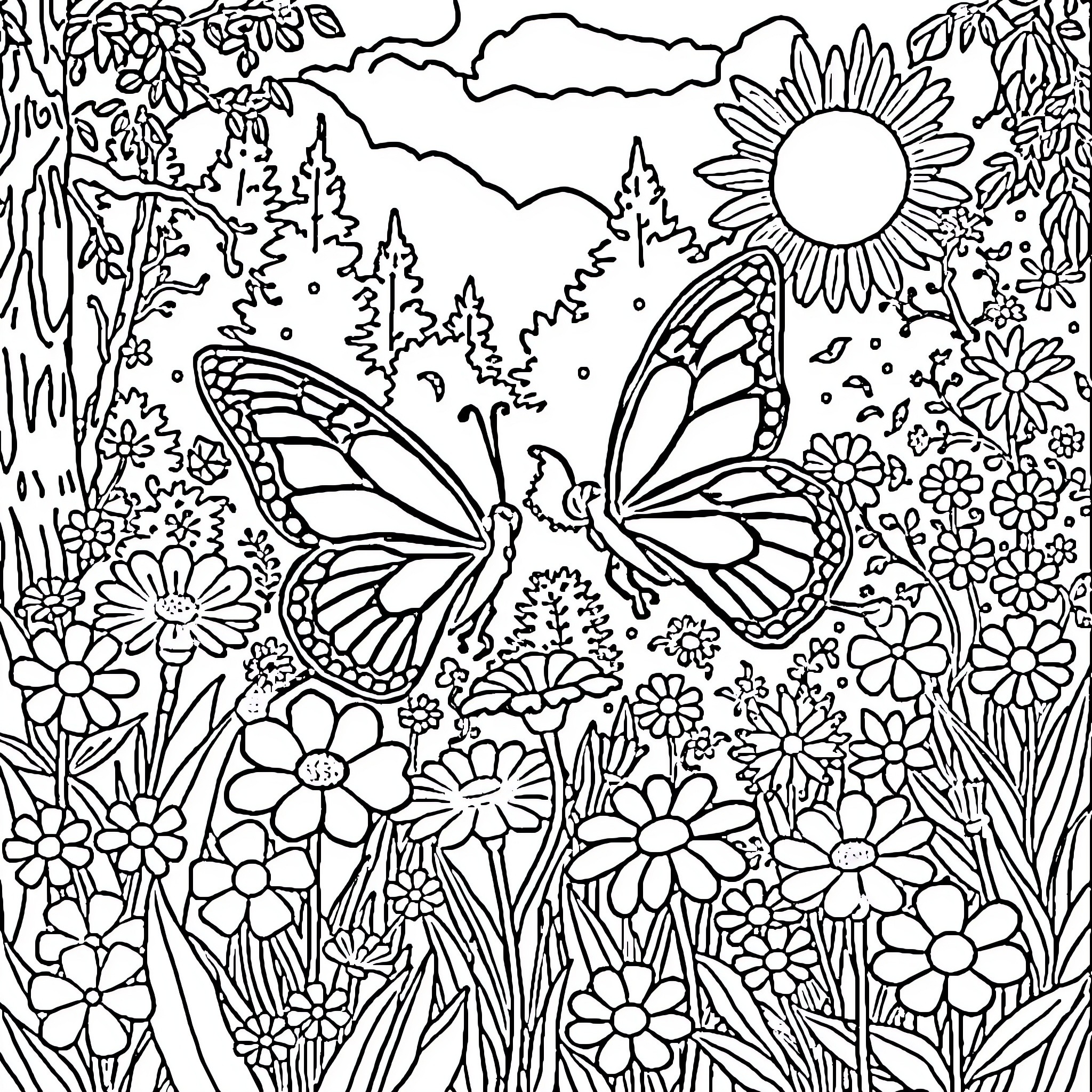 Butterfly in a Whimsical Floral Garden Coloring Page (free black-and-white line drawing printable PDF for all, from beginners to advanced learners, including children, teens, adults, and seniors)