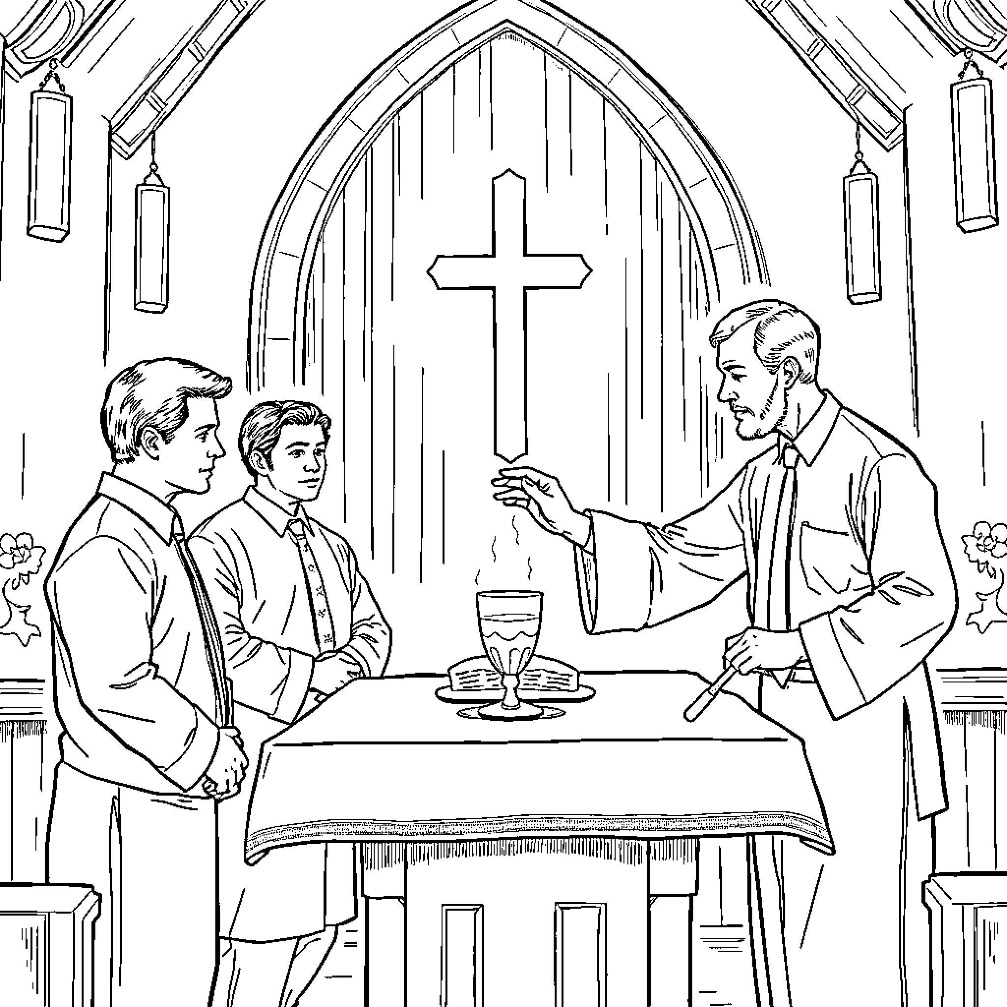 Elder Communion in the Church Coloring Page (free black-and-white line drawing printable PDF for all, from beginners to advanced learners, including children, teens, adults, and seniors)
