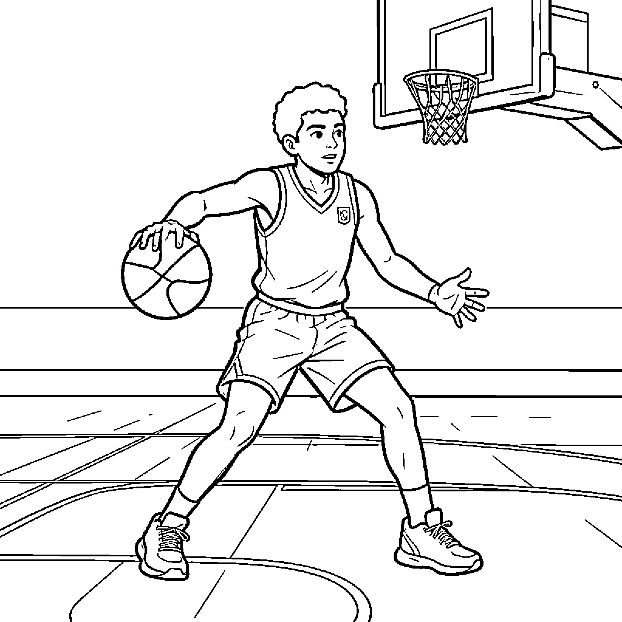Hakimi dribbling a basketball on a court Coloring Page (free black-and-white line drawing printable PDF for all, from beginners to advanced learners, including children, teens, adults, and seniors)