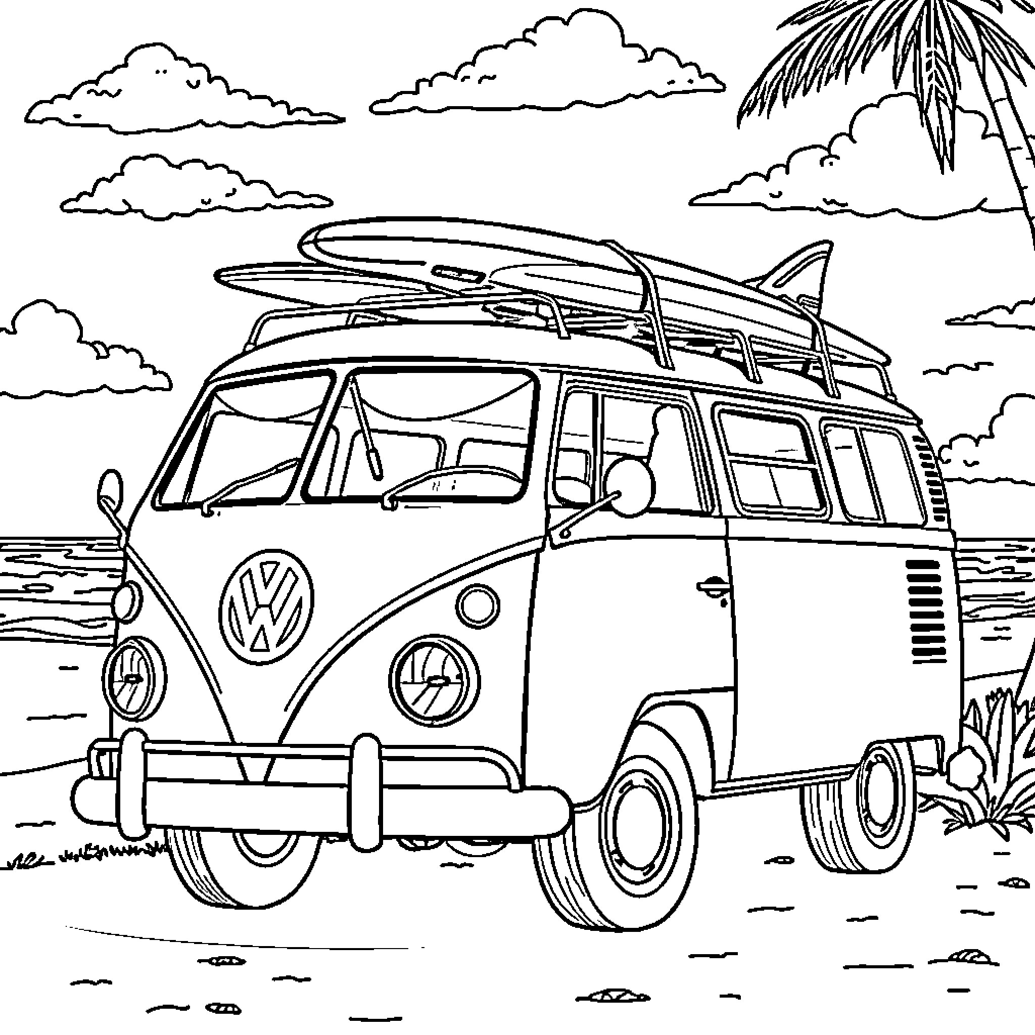 Bus with surfboards on a tropical beach Coloring Page (free black-and-white line drawing printable PDF for all, from beginners to advanced learners, including children, teens, adults, and seniors)