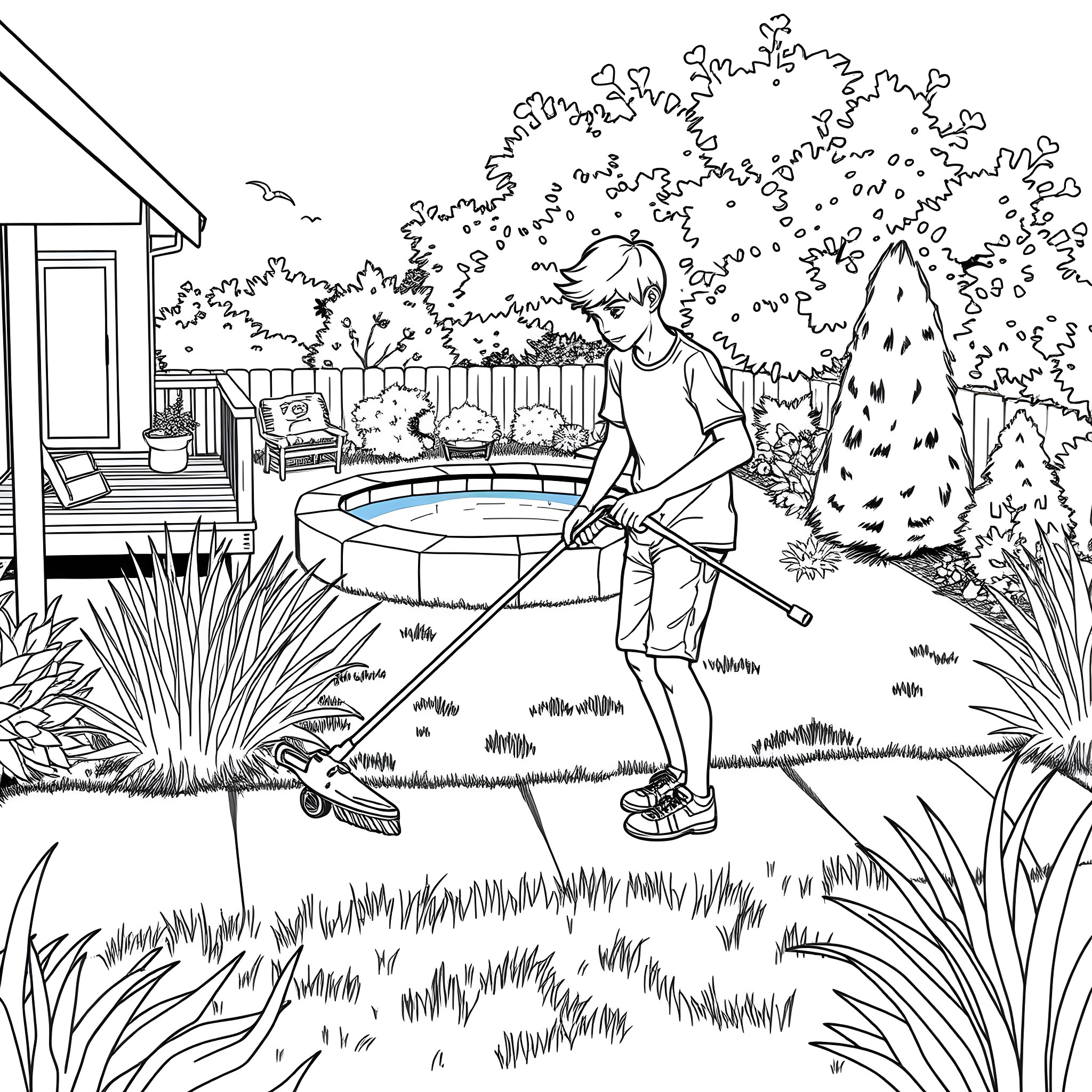 Teen Guy Mowing Lawn in Backyard Coloring Page (free black-and-white line drawing printable PDF for all, from beginners to advanced learners, including children, teens, adults, and seniors)
