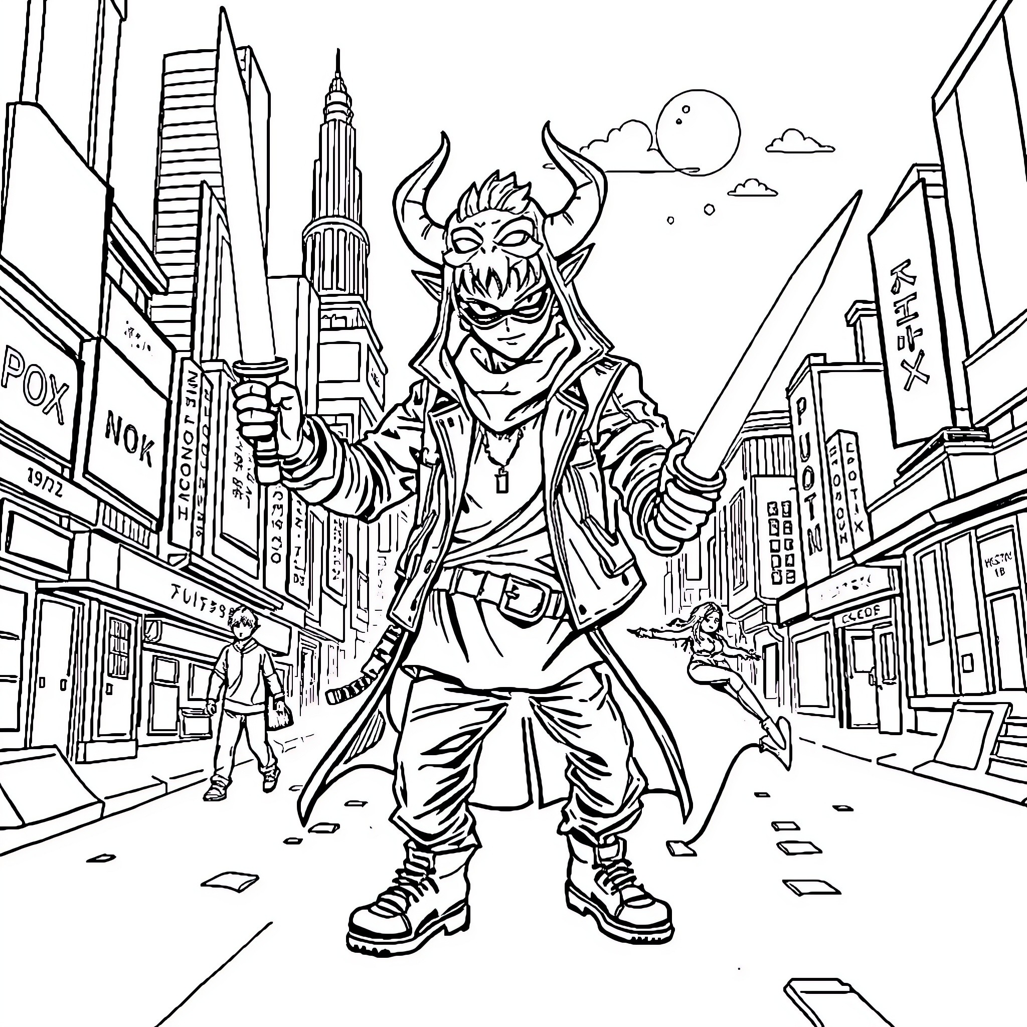 Kpopdemonhunter fights through the bustling city streets Coloring Page (free black-and-white line drawing printable PDF for all, from beginners to advanced learners, including children, teens, adults, and seniors)