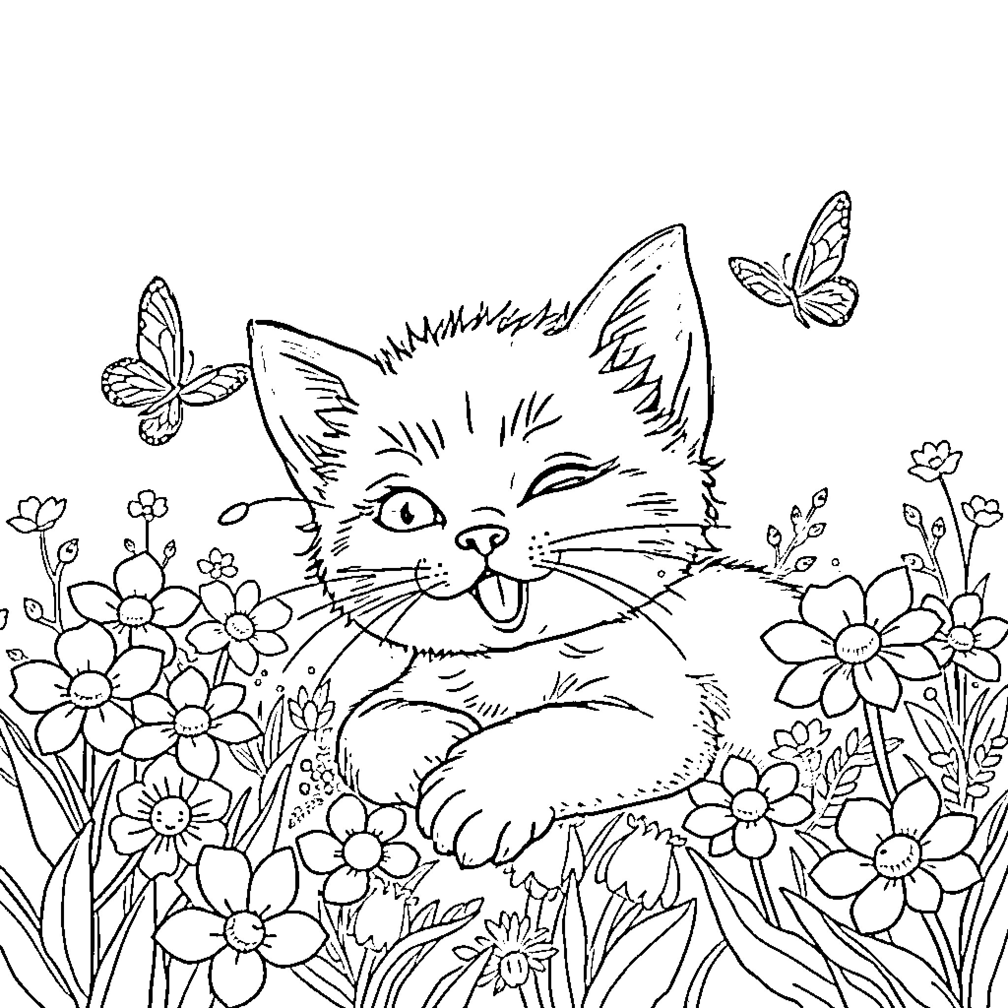 Siamese Kitten playing in a floral garden Coloring Page (free black-and-white line drawing printable PDF for all, from beginners to advanced learners, including children, teens, adults, and seniors)
