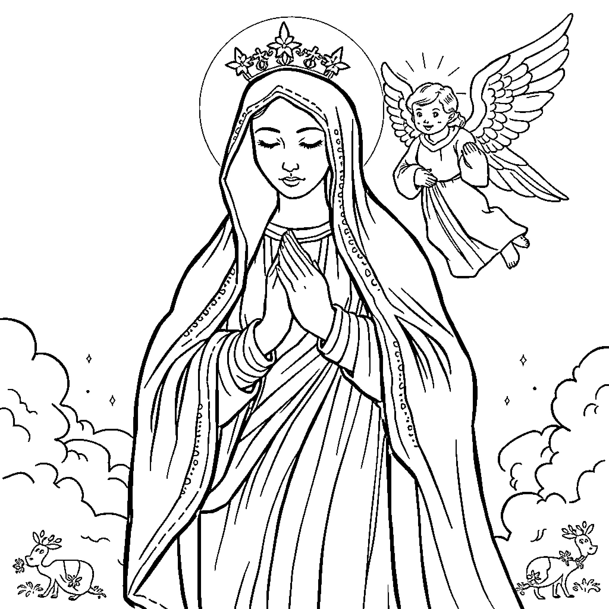Virgin Mary in prayer with angel attendant Coloring Page (free black-and-white line drawing printable PDF for all, from beginners to advanced learners, including children, teens, adults, and seniors)